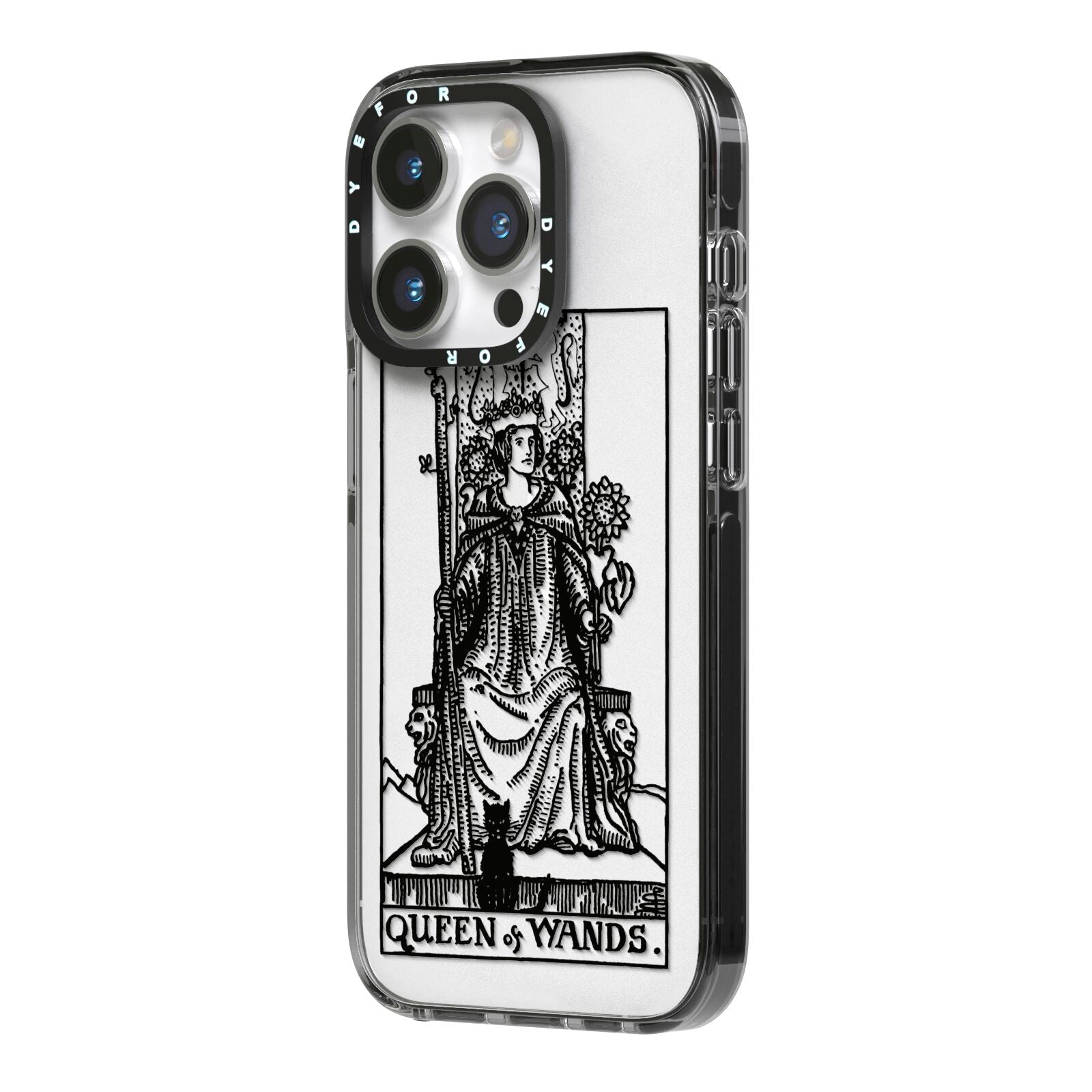 Queen of Wands Monochrome iPhone 14 Pro Black Impact Case Side Angle on Silver phone