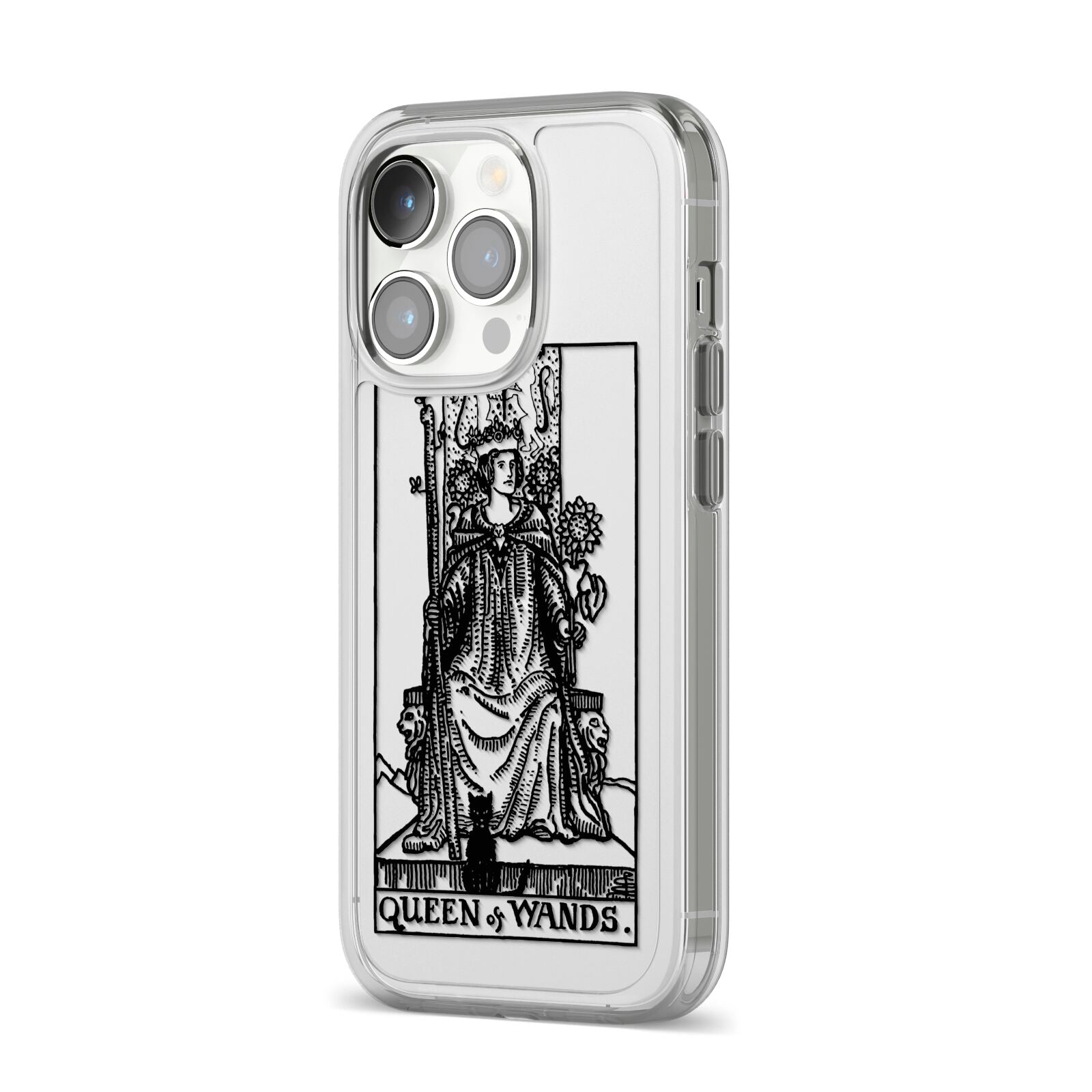 Queen of Wands Monochrome iPhone 14 Pro Clear Tough Case Silver Angled Image