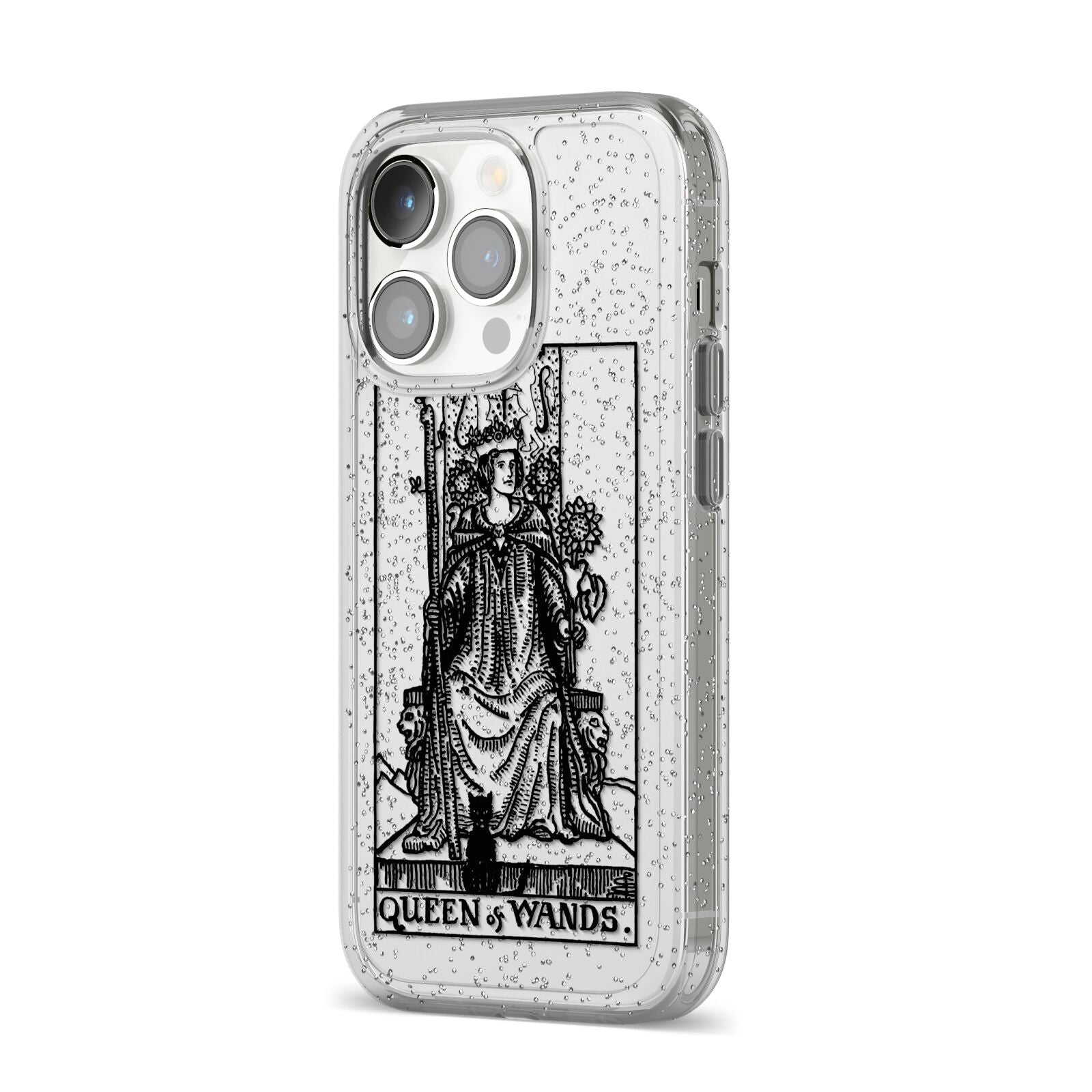 Queen of Wands Monochrome iPhone 14 Pro Glitter Tough Case Silver Angled Image