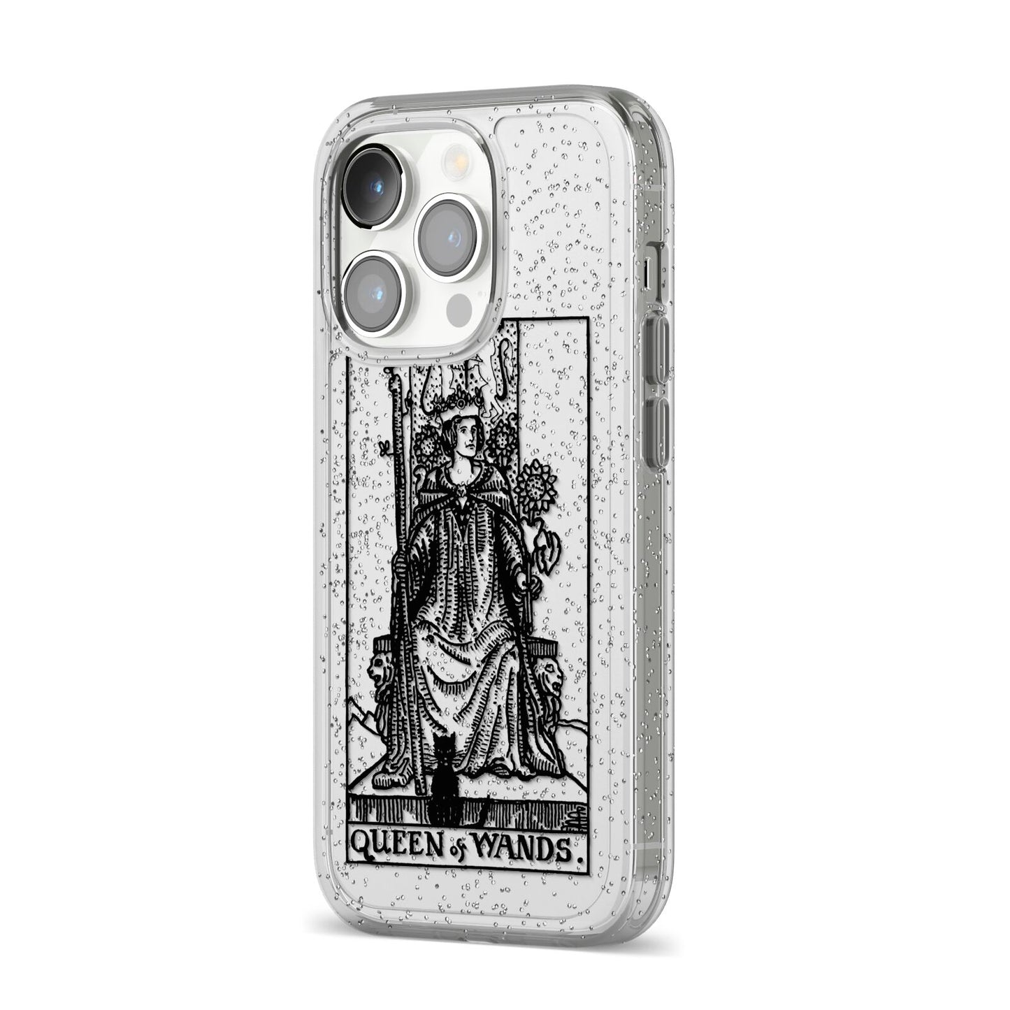Queen of Wands Monochrome iPhone 14 Pro Glitter Tough Case Silver Angled Image