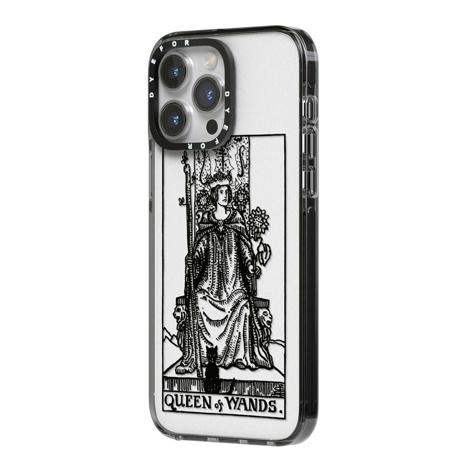 Queen of Wands Monochrome iPhone 14 Pro Max Black Impact Case Side Angle on Silver phone