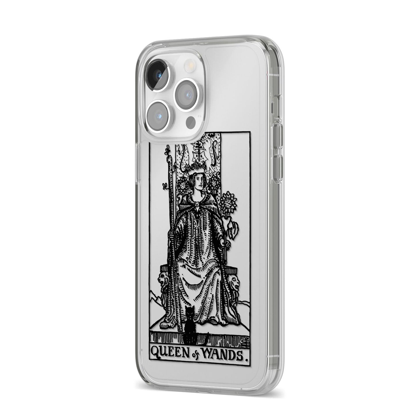 Queen of Wands Monochrome iPhone 14 Pro Max Clear Tough Case Silver Angled Image