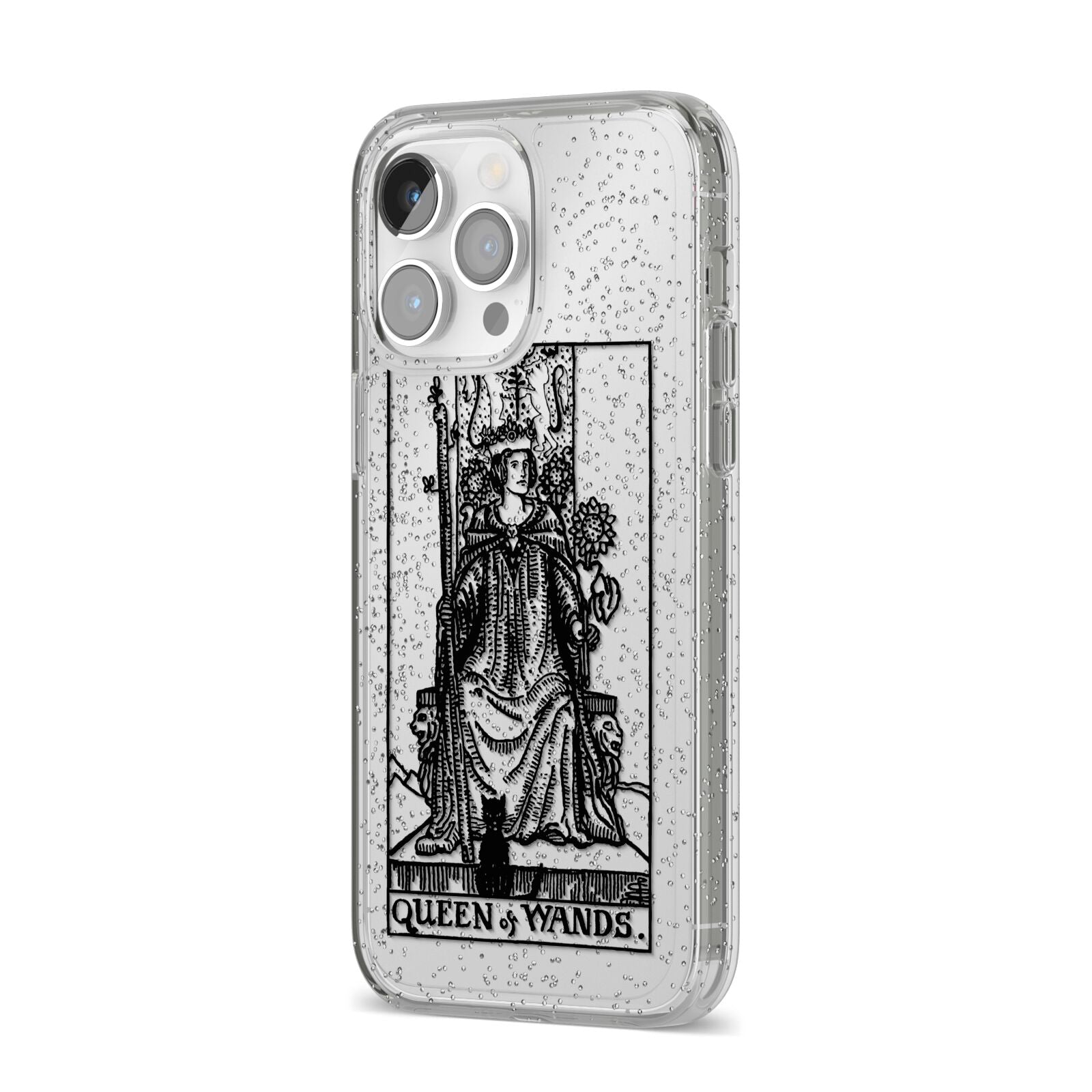 Queen of Wands Monochrome iPhone 14 Pro Max Glitter Tough Case Silver Angled Image