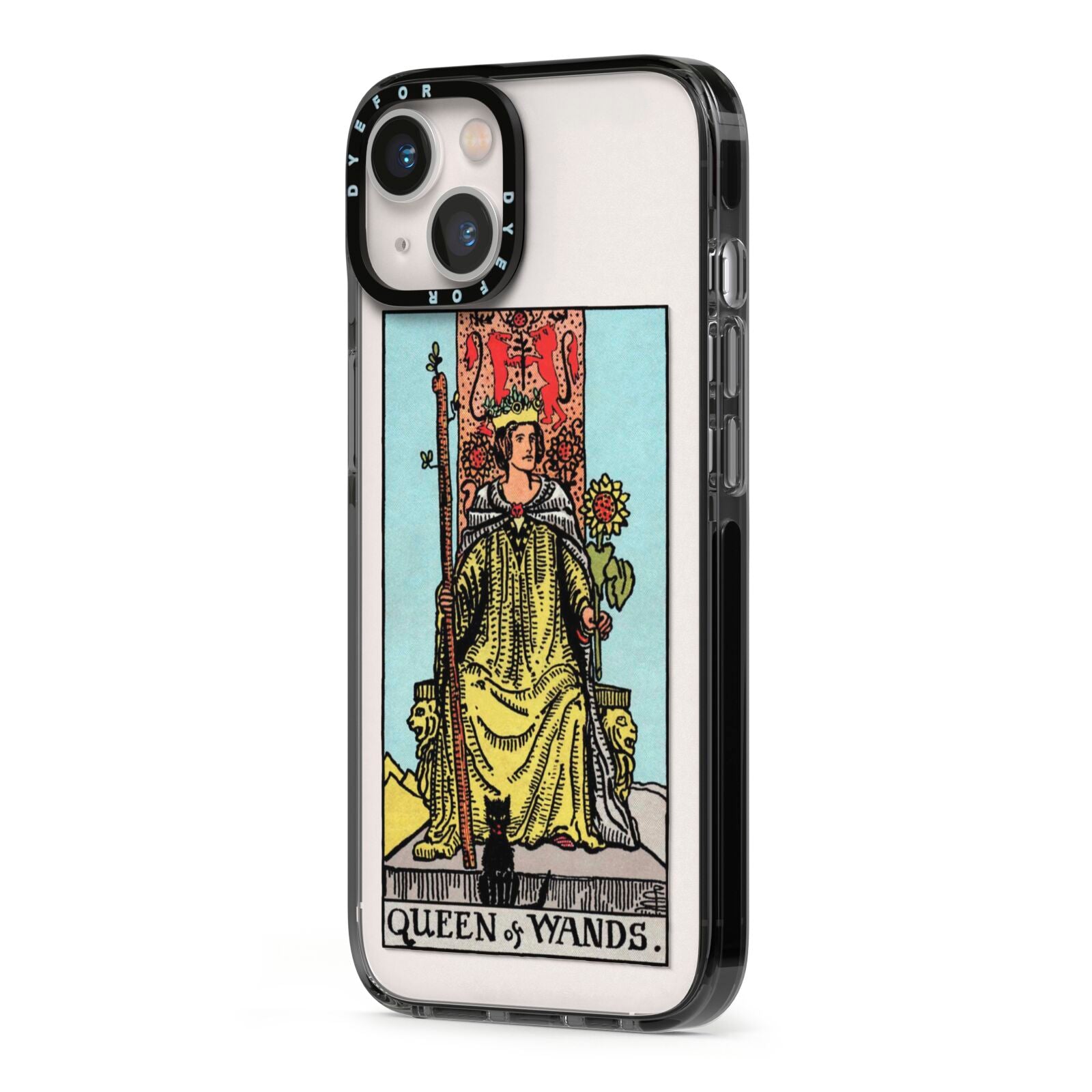 Queen of Wands Tarot Card iPhone 13 Black Impact Case Side Angle on Silver phone
