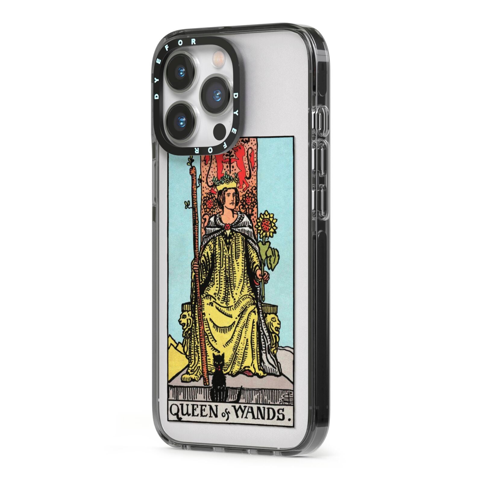 Queen of Wands Tarot Card iPhone 13 Pro Black Impact Case Side Angle on Silver phone
