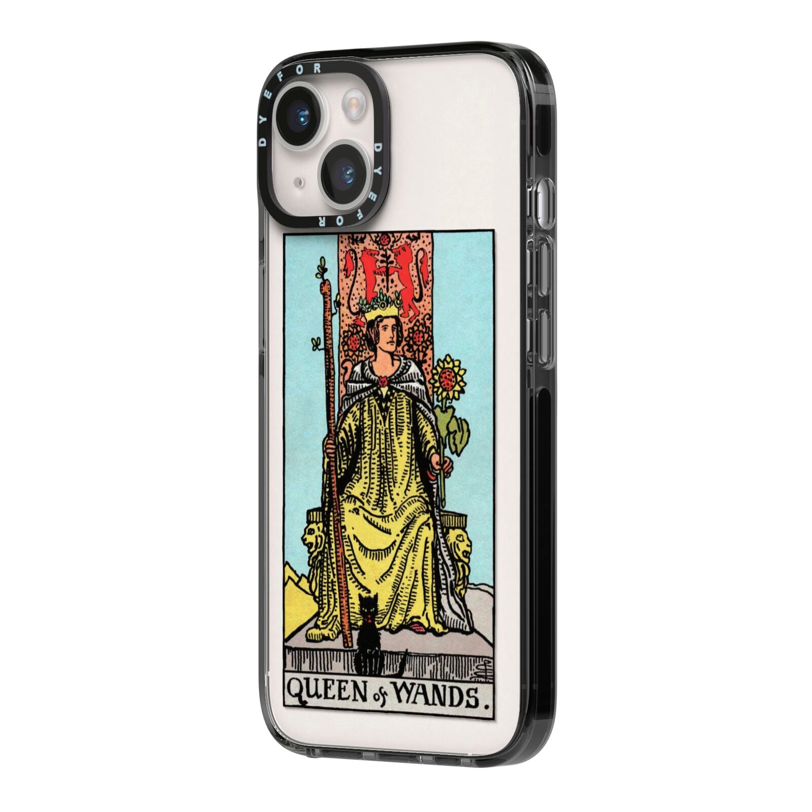Queen of Wands Tarot Card iPhone 14 Black Impact Case Side Angle on Silver phone