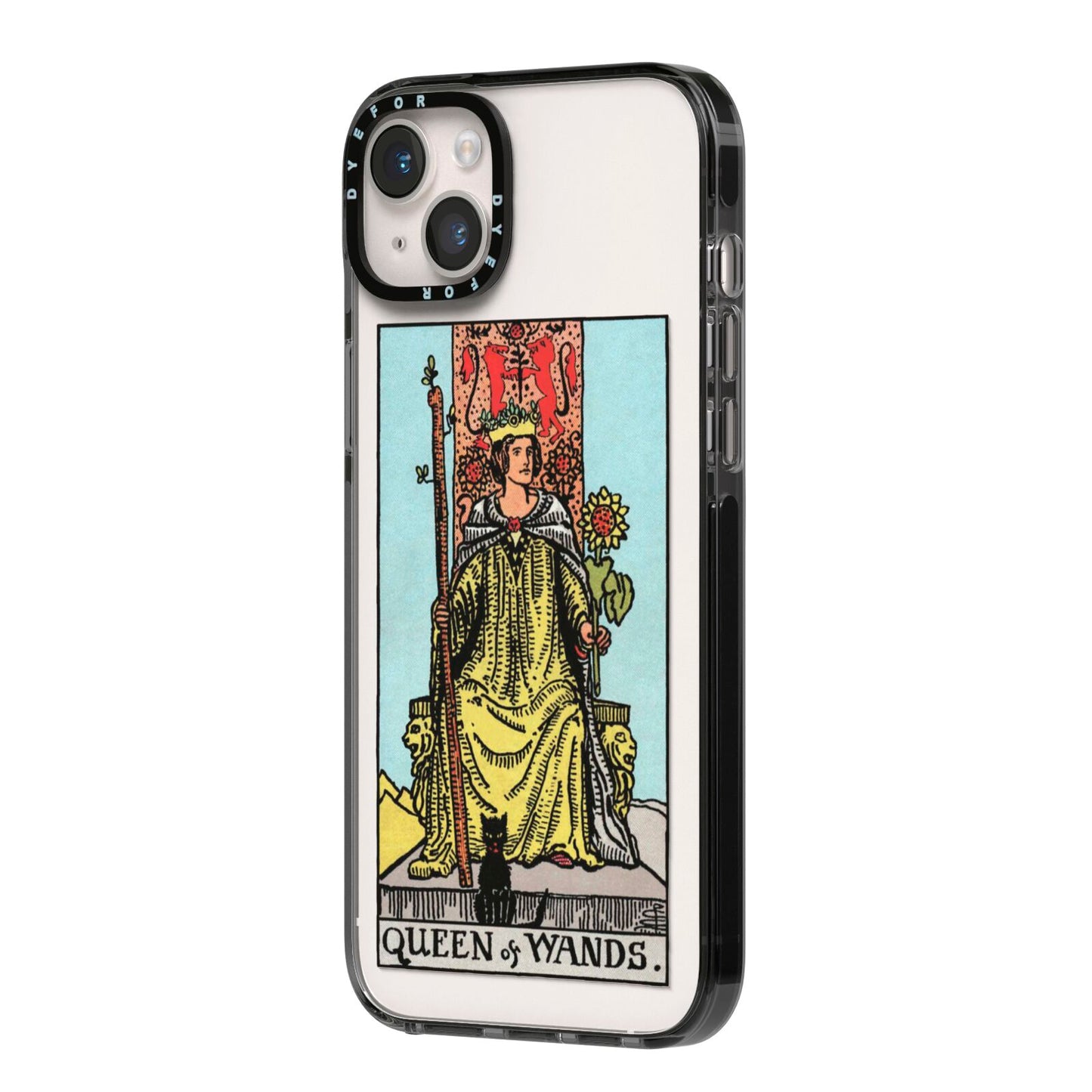 Queen of Wands Tarot Card iPhone 14 Plus Black Impact Case Side Angle on Silver phone