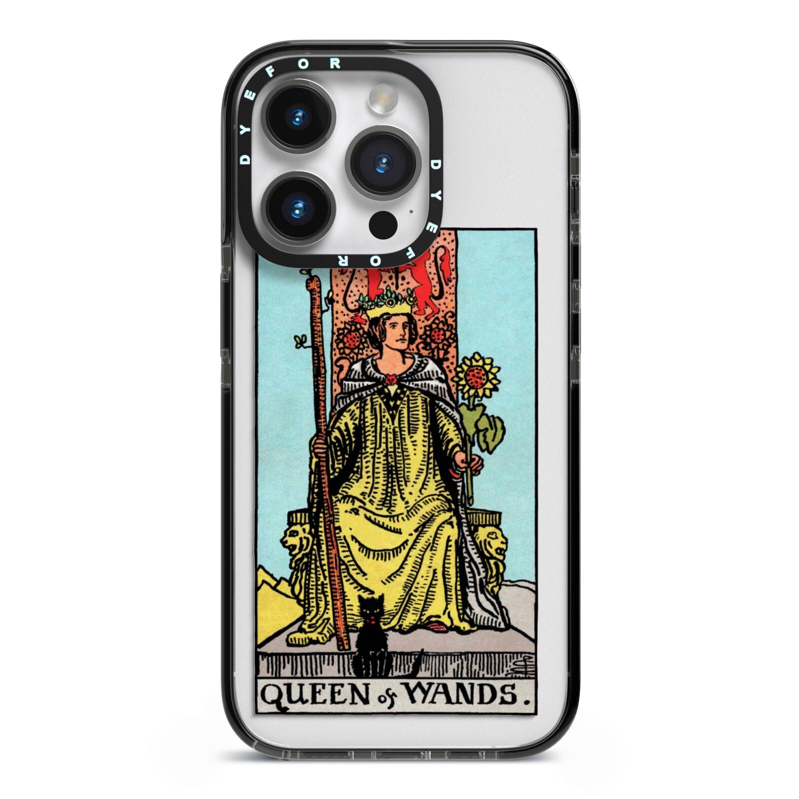 Queen of Wands Tarot Card iPhone 14 Pro Black Impact Case on Silver phone