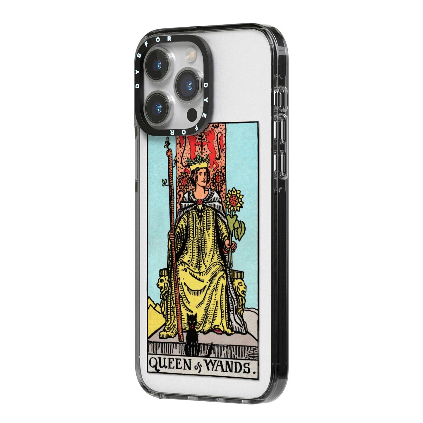 Queen of Wands Tarot Card iPhone 14 Pro Max Black Impact Case Side Angle on Silver phone