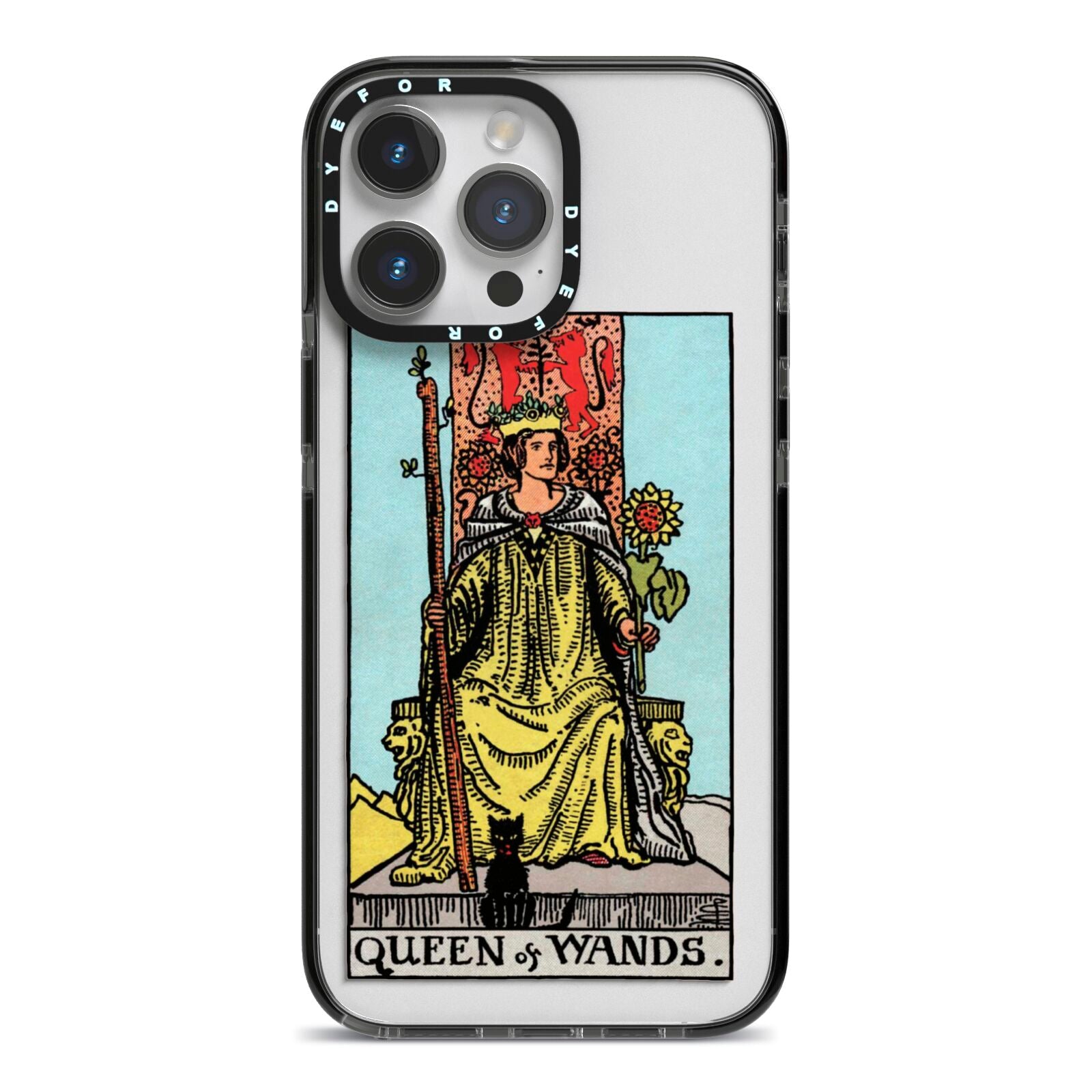 Queen of Wands Tarot Card iPhone 14 Pro Max Black Impact Case on Silver phone