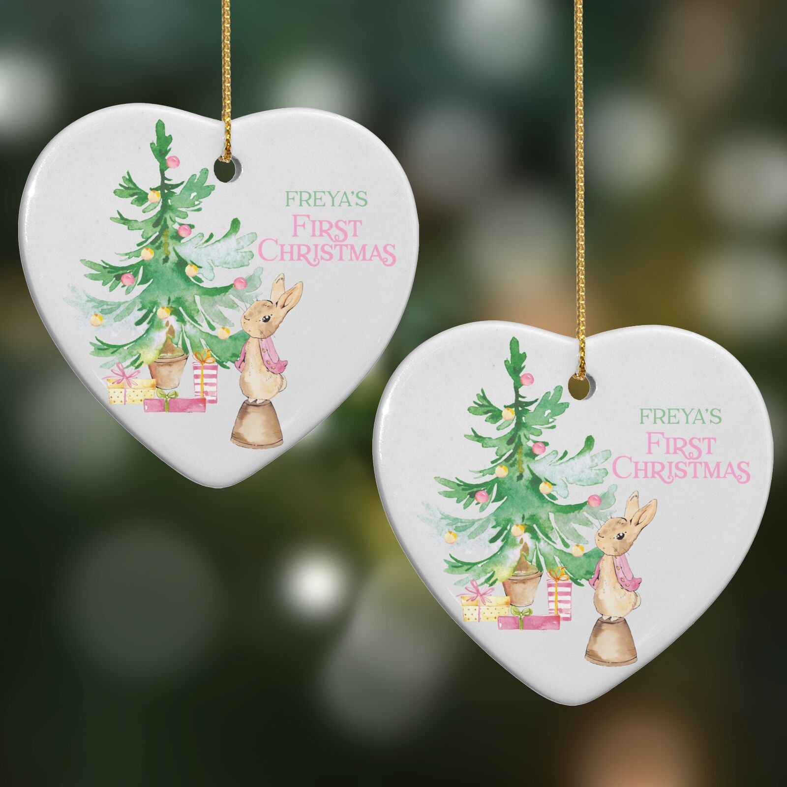 Rabbit First Christmas Heart Decoration on Christmas Background