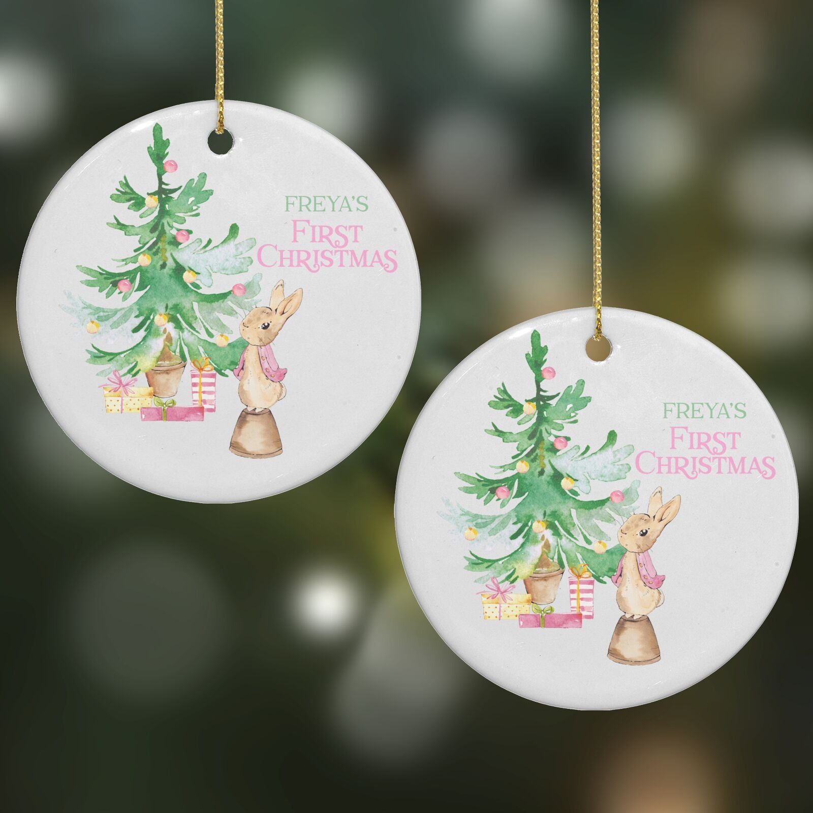 Rabbit First Christmas Round Decoration on Christmas Background