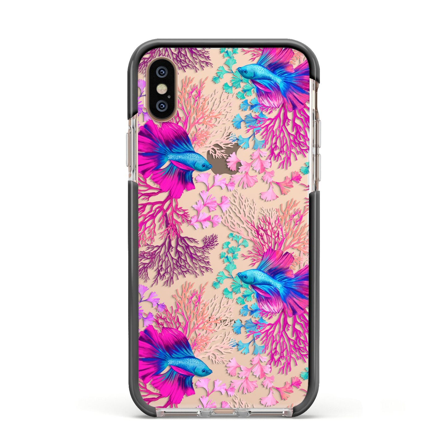 Rainbow Fish Apple iPhone Xs Impact Case Black Edge on Gold Phone