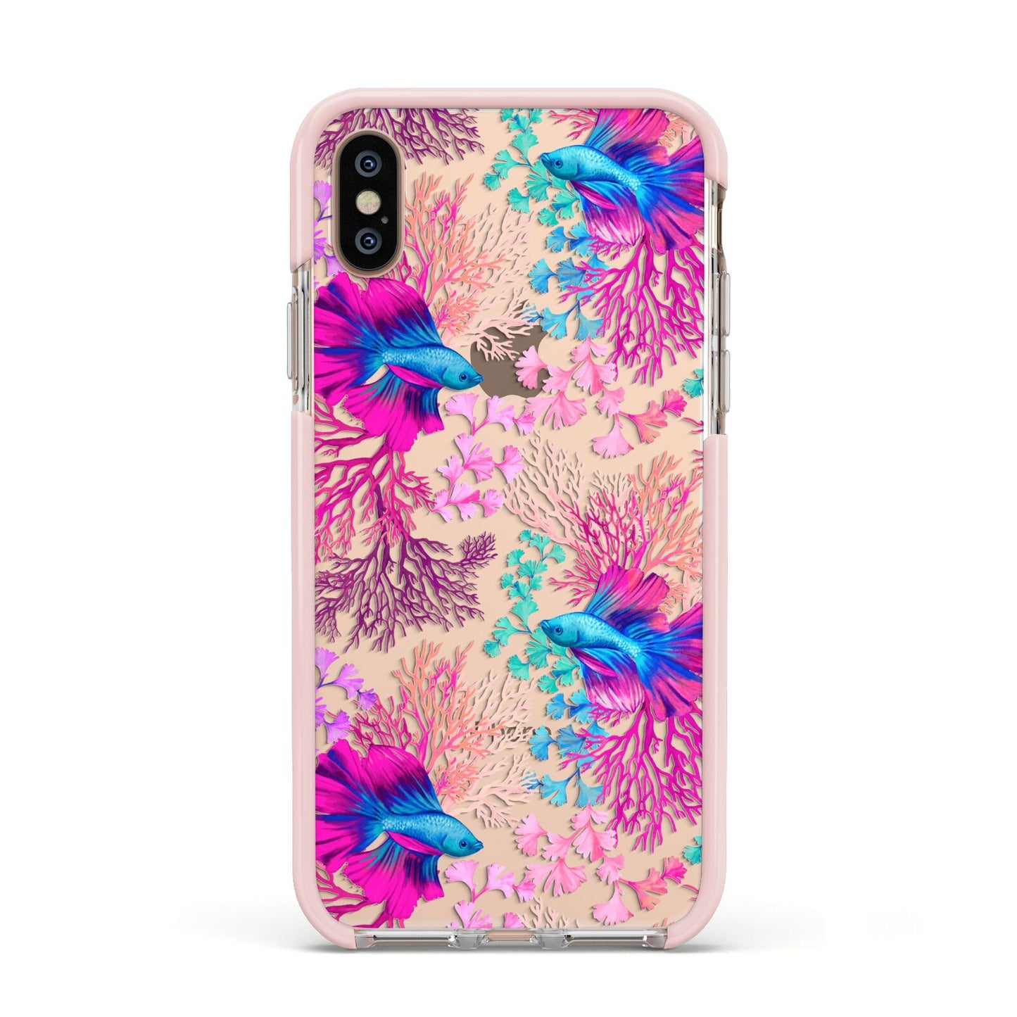 Rainbow Fish Apple iPhone Xs Impact Case Pink Edge on Gold Phone