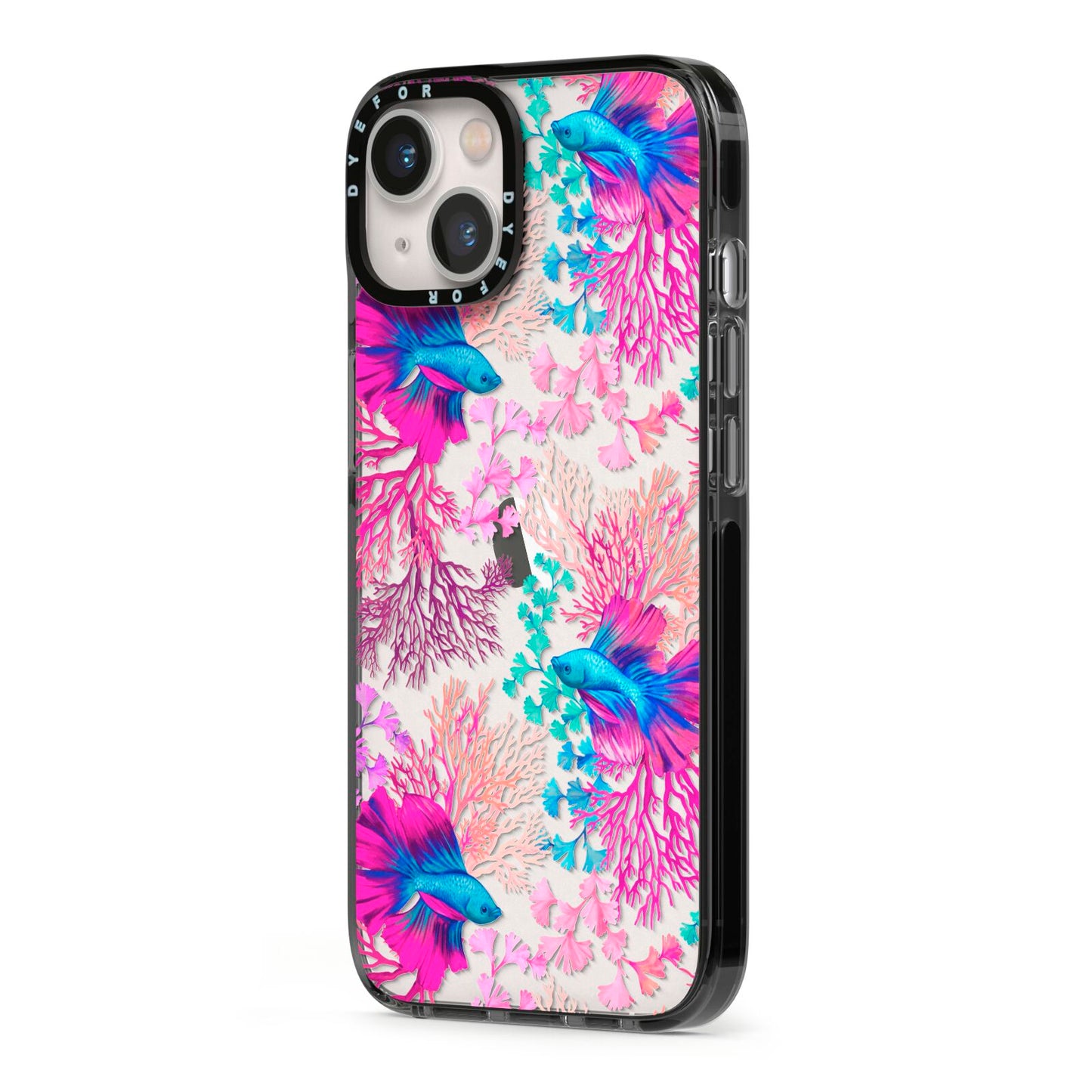 Rainbow Fish iPhone 13 Black Impact Case Side Angle on Silver phone