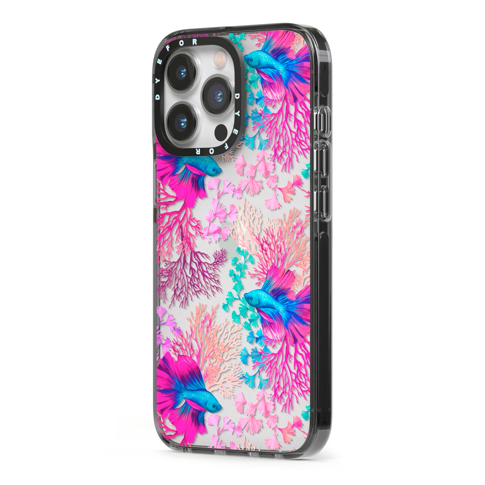 Rainbow Fish iPhone 13 Pro Black Impact Case Side Angle on Silver phone