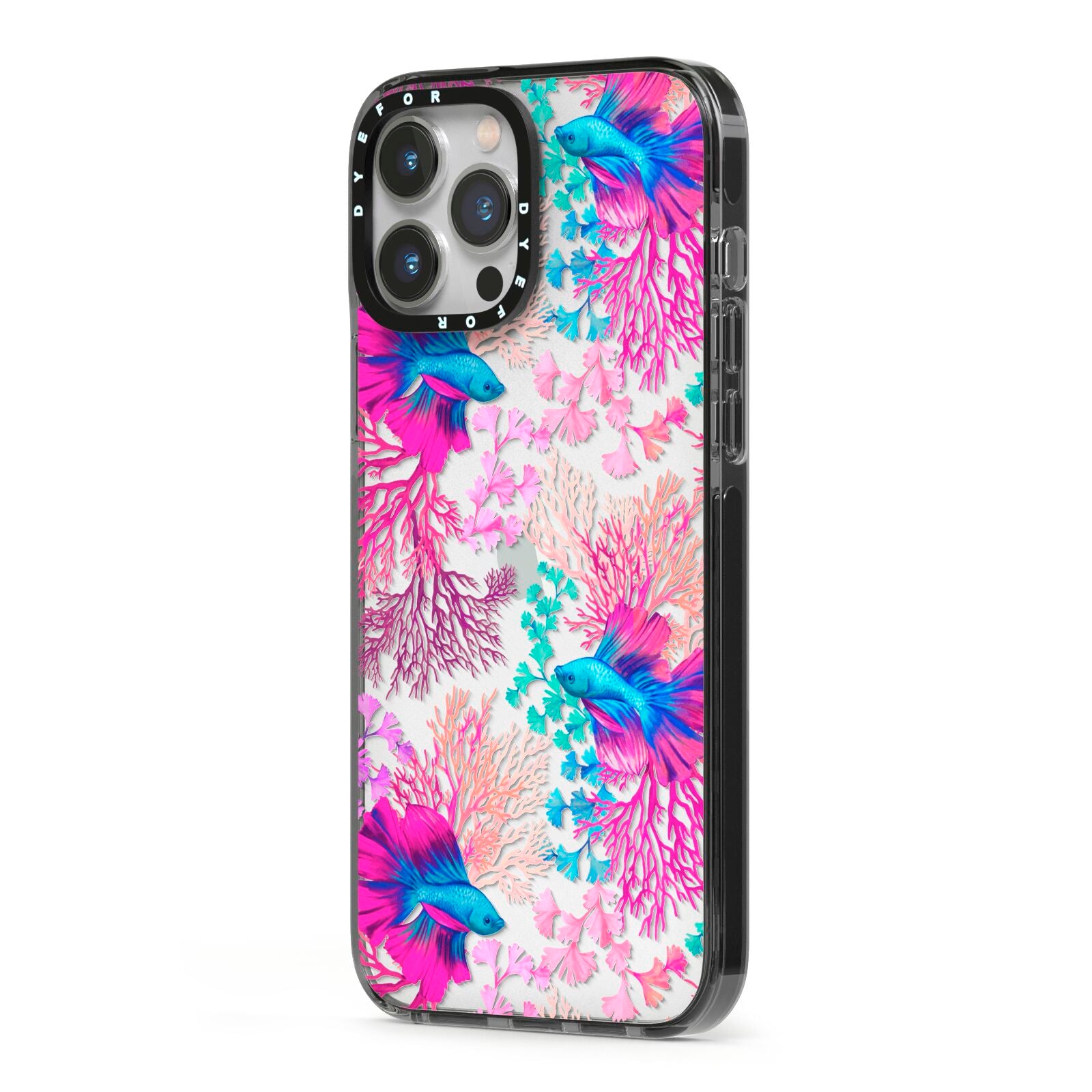 Rainbow Fish iPhone 13 Pro Max Black Impact Case Side Angle on Silver phone