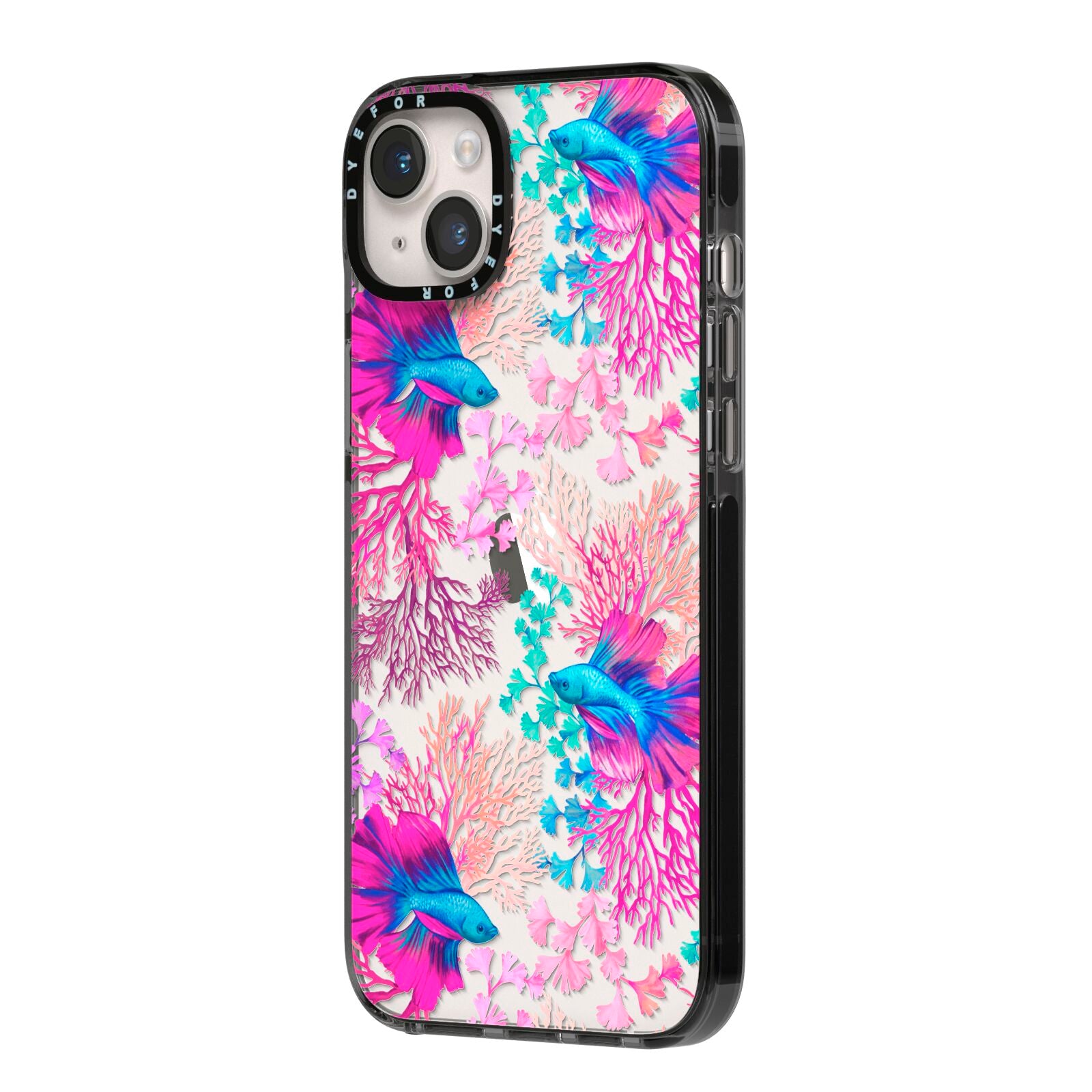 Rainbow Fish iPhone 14 Plus Black Impact Case Side Angle on Silver phone