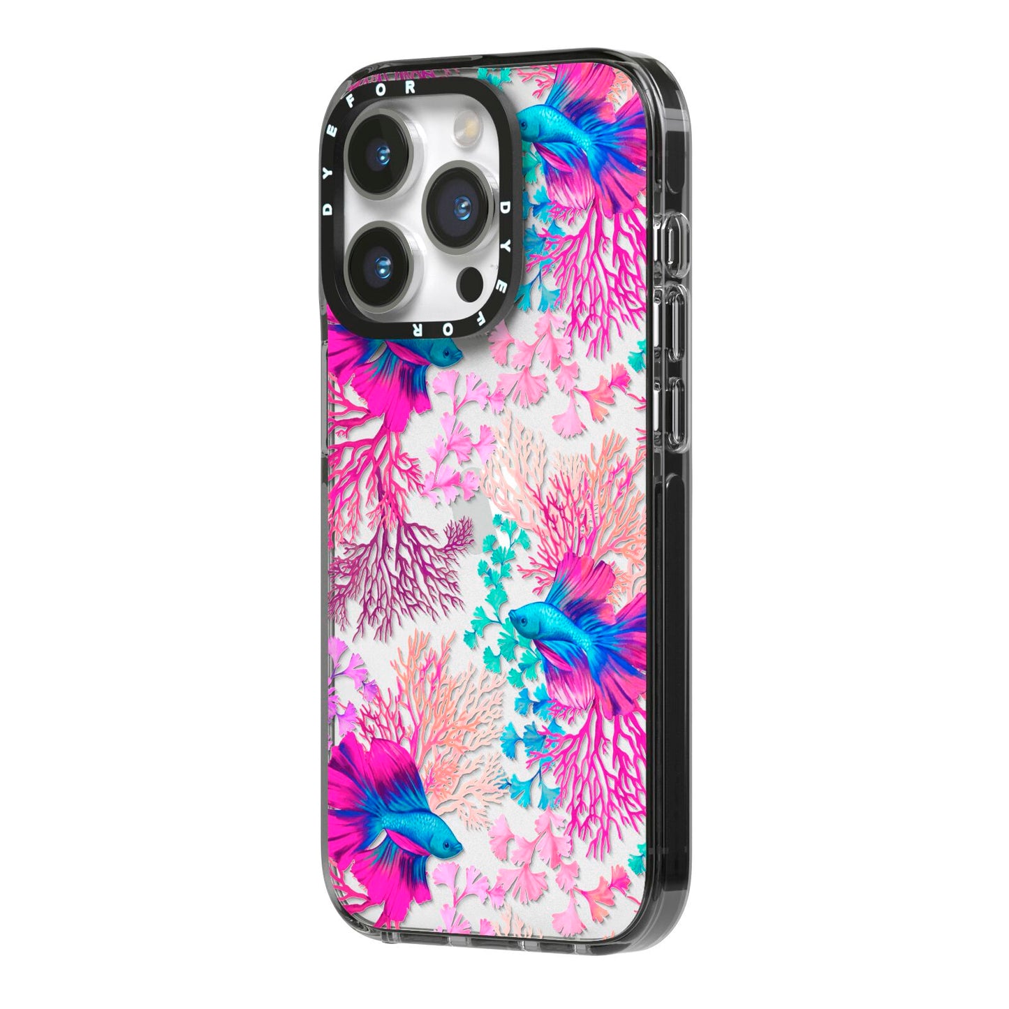 Rainbow Fish iPhone 14 Pro Black Impact Case Side Angle on Silver phone