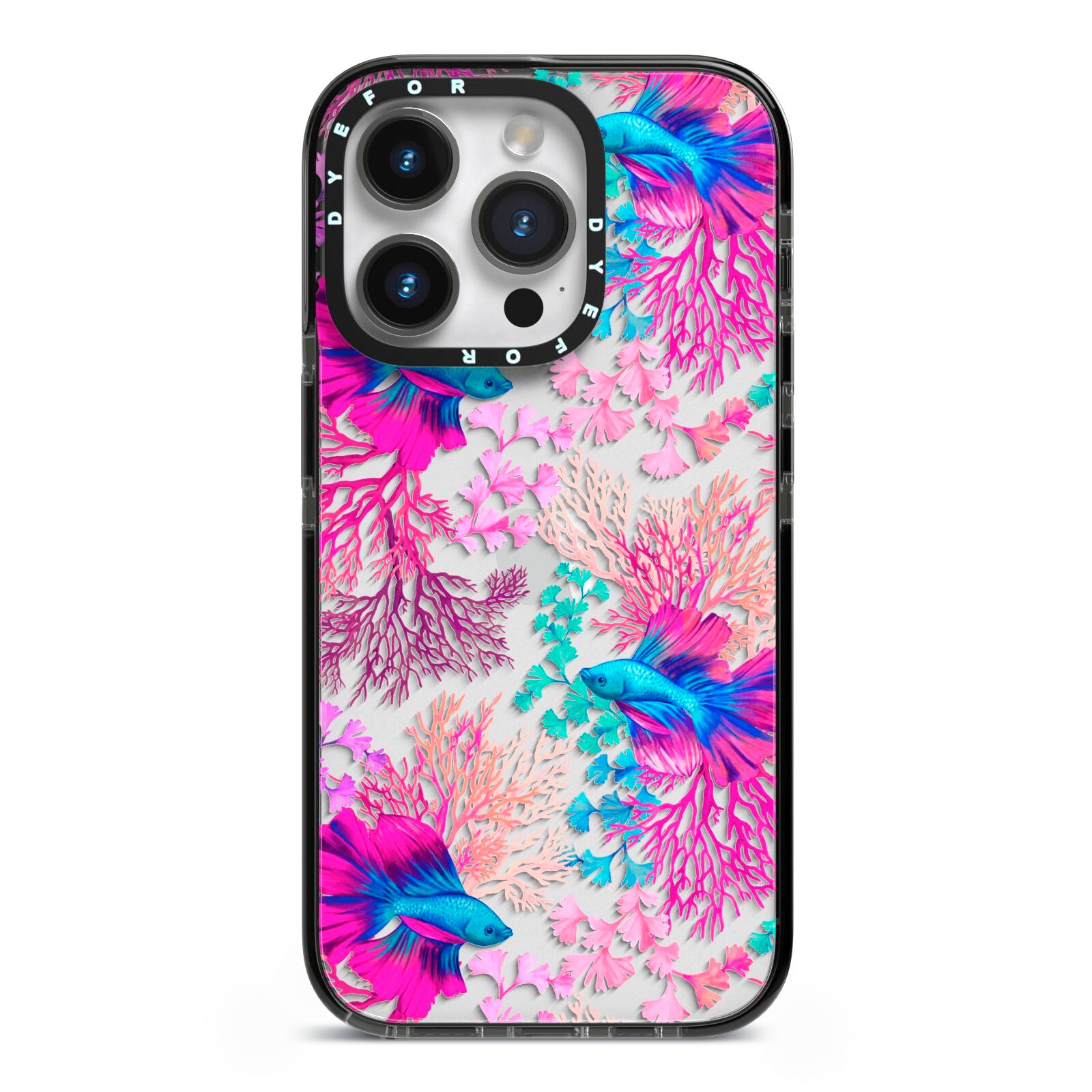 Rainbow Fish iPhone 14 Pro Black Impact Case on Silver phone