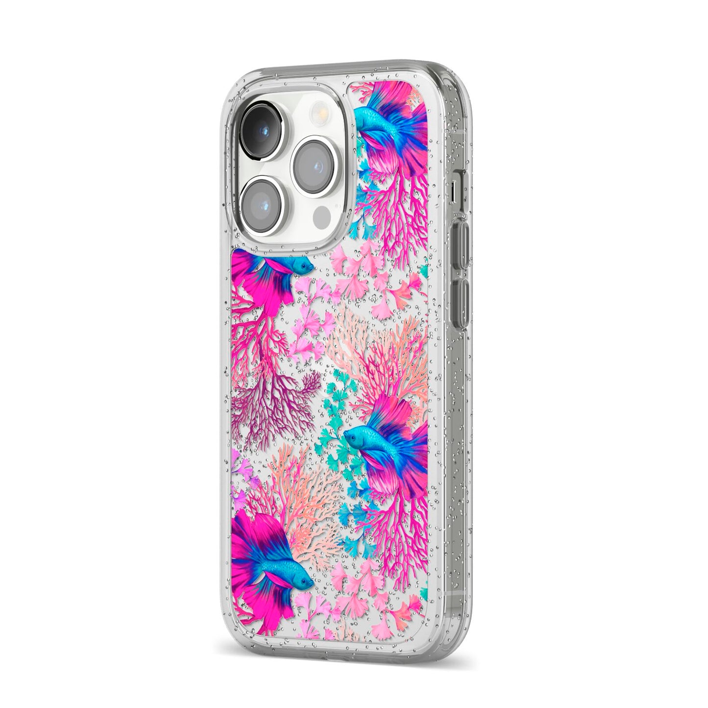 Rainbow Fish iPhone 14 Pro Glitter Tough Case Silver Angled Image