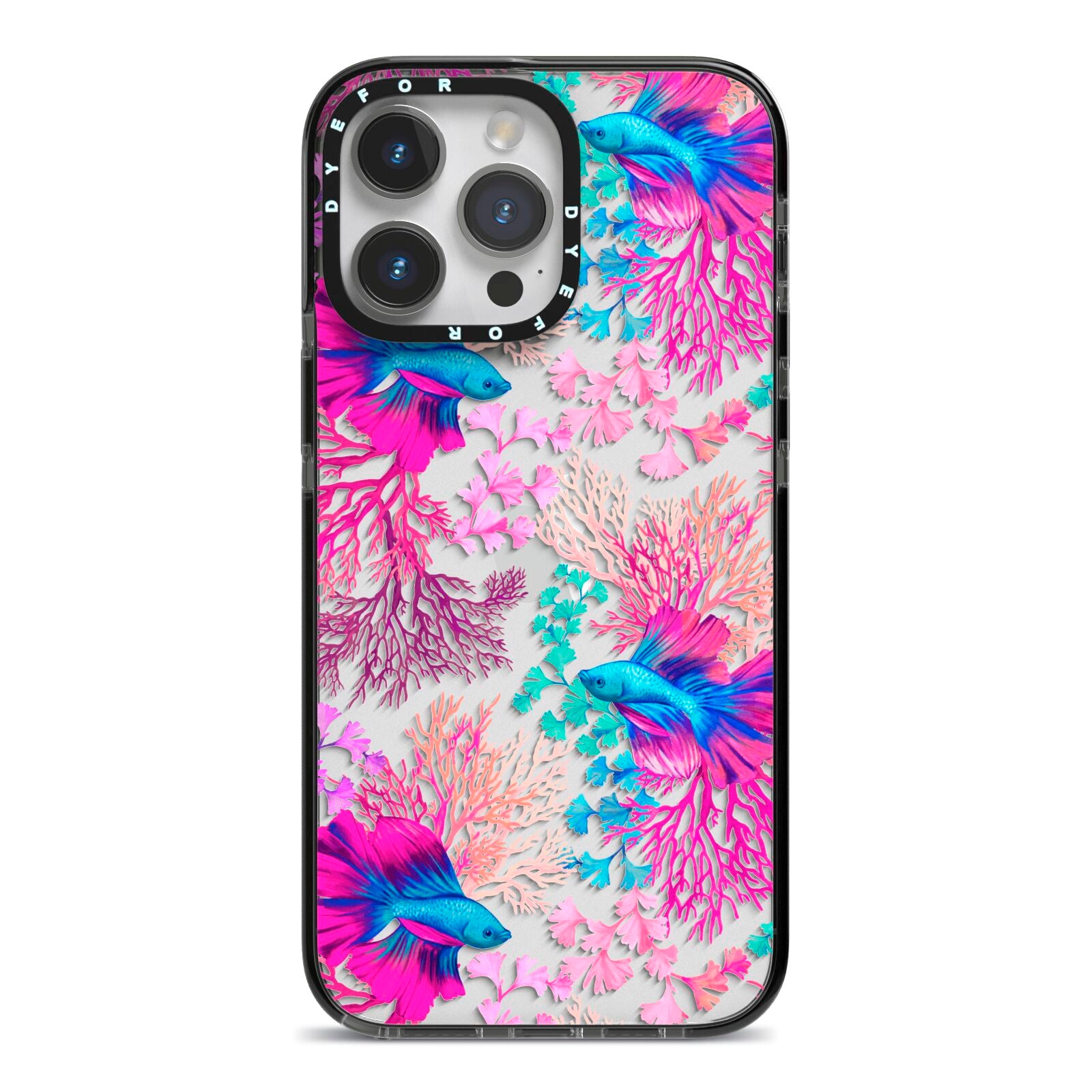 Rainbow Fish iPhone 14 Pro Max Black Impact Case on Silver phone