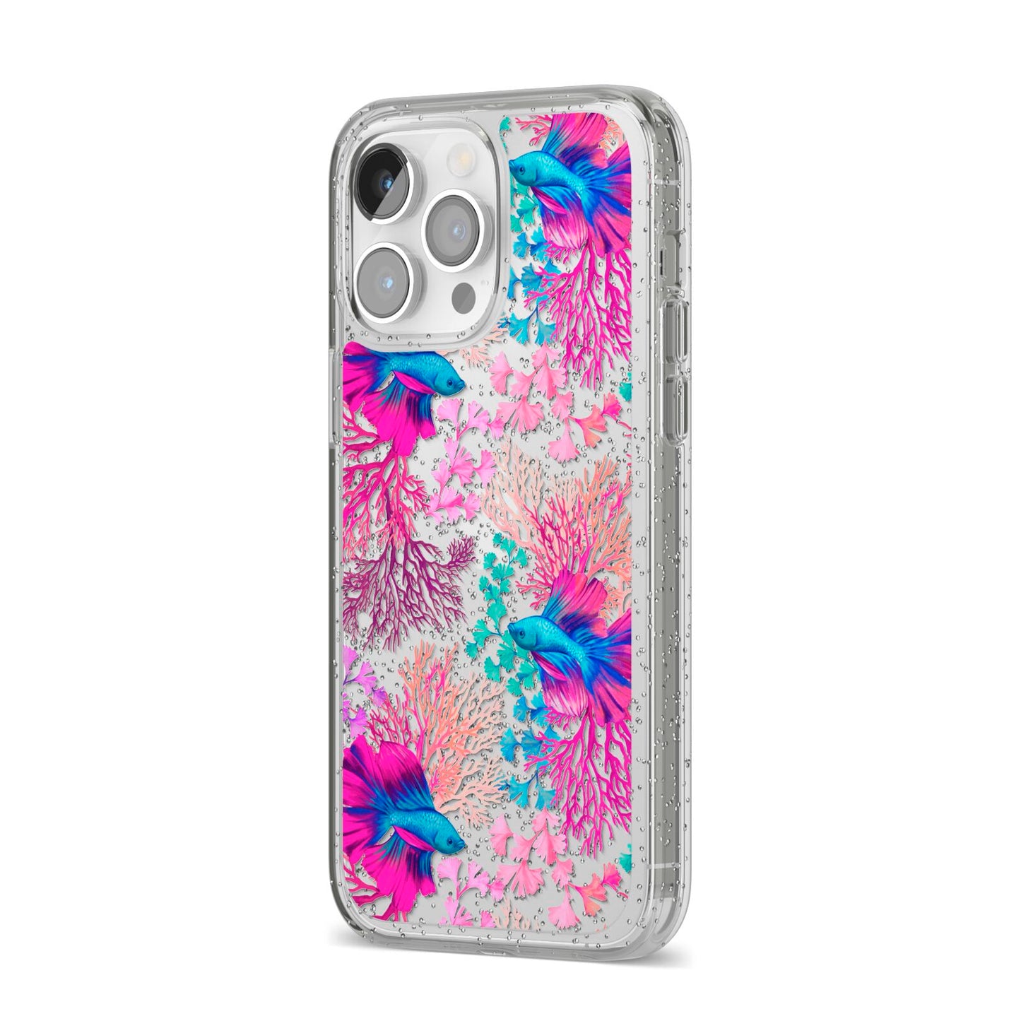 Rainbow Fish iPhone 14 Pro Max Glitter Tough Case Silver Angled Image