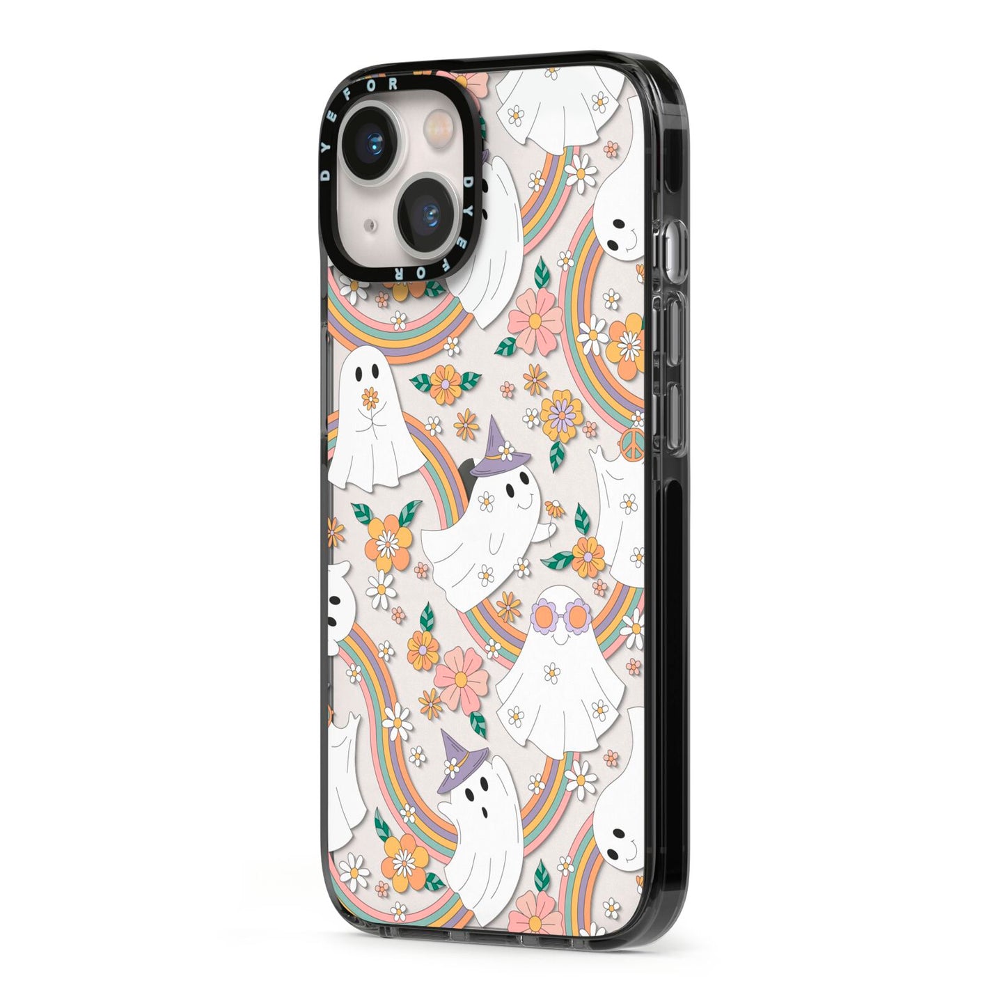 Rainbow Ghost iPhone 13 Black Impact Case Side Angle on Silver phone