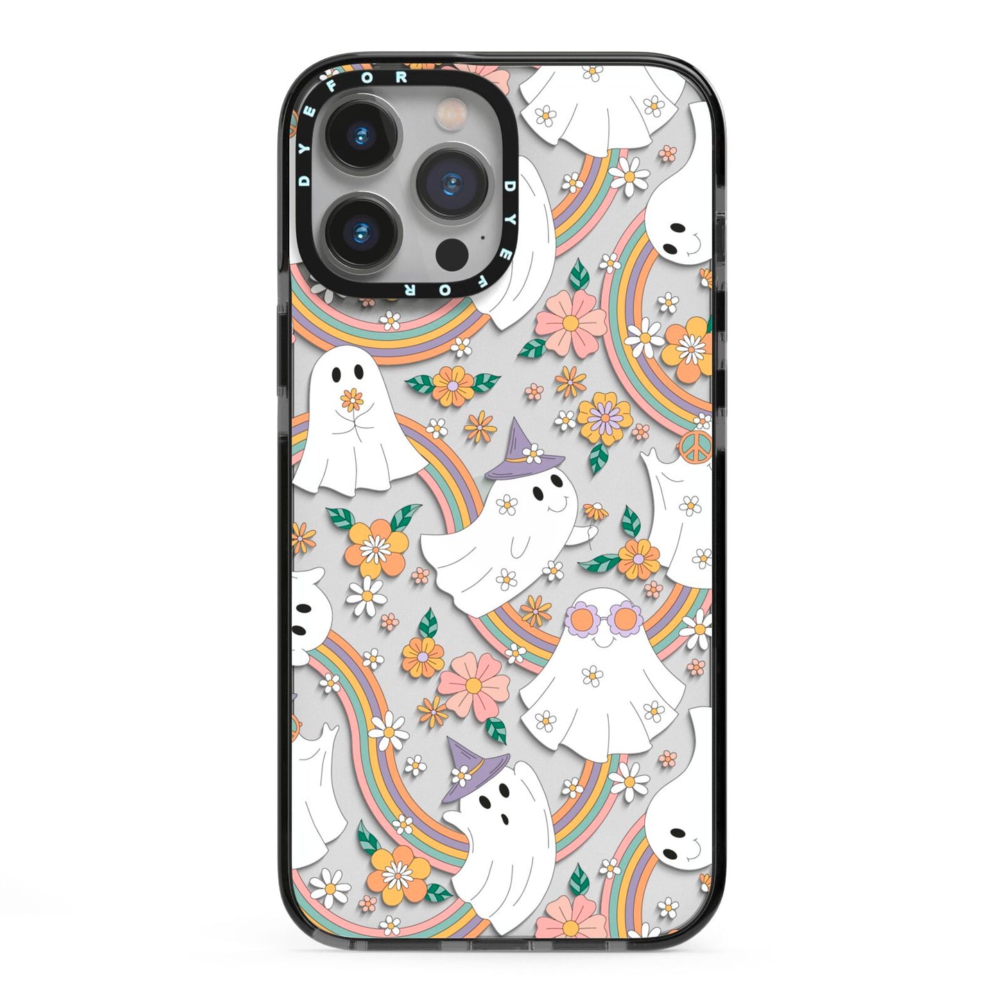 Rainbow Ghost iPhone 13 Pro Max Black Impact Case on Silver phone