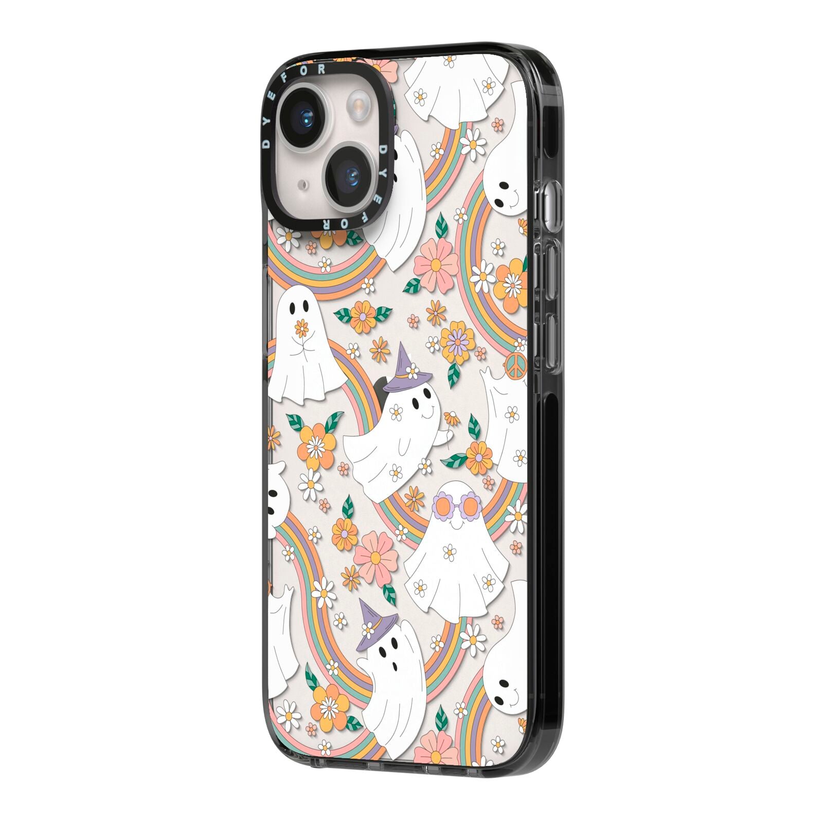 Rainbow Ghost iPhone 14 Black Impact Case Side Angle on Silver phone