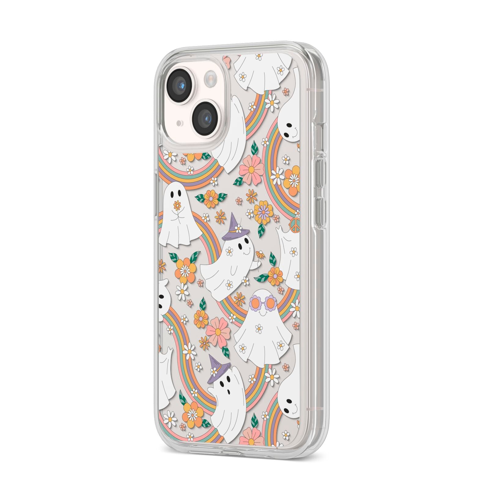 Rainbow Ghost iPhone 14 Clear Tough Case Starlight Angled Image