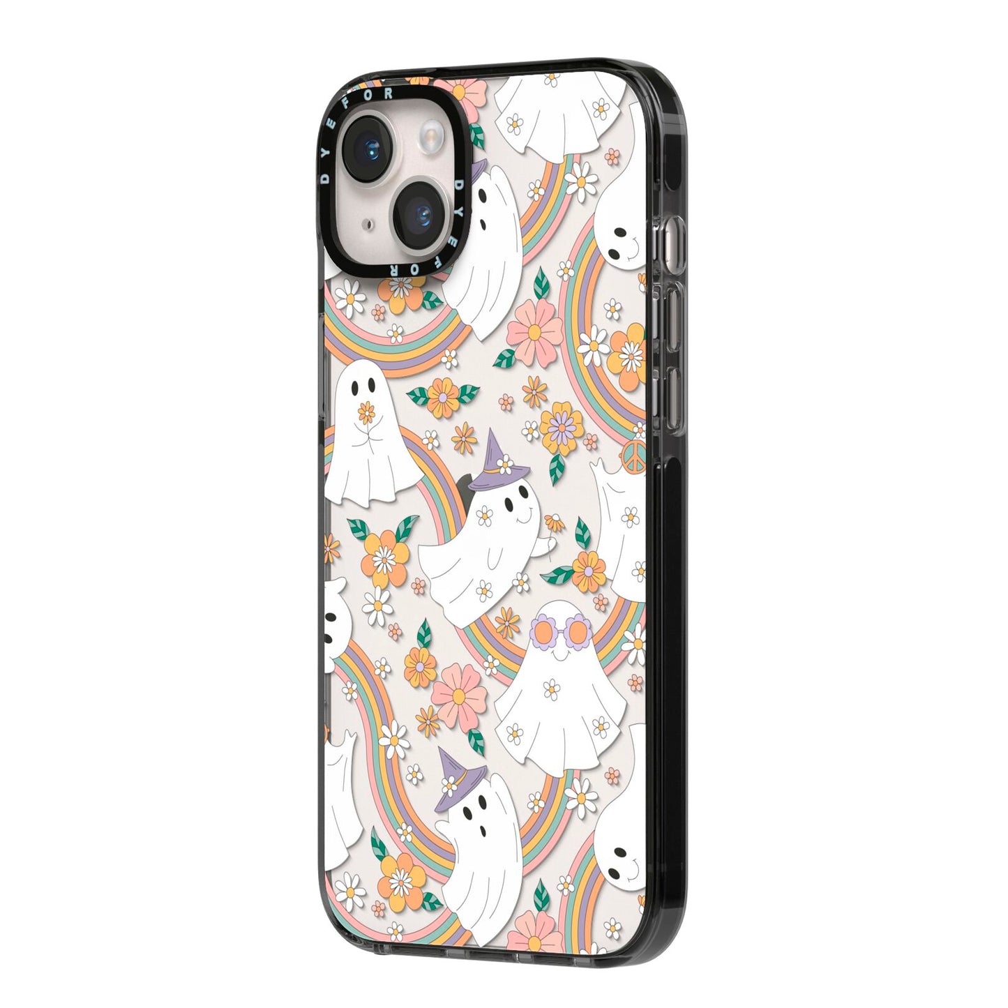 Rainbow Ghost iPhone 14 Plus Black Impact Case Side Angle on Silver phone