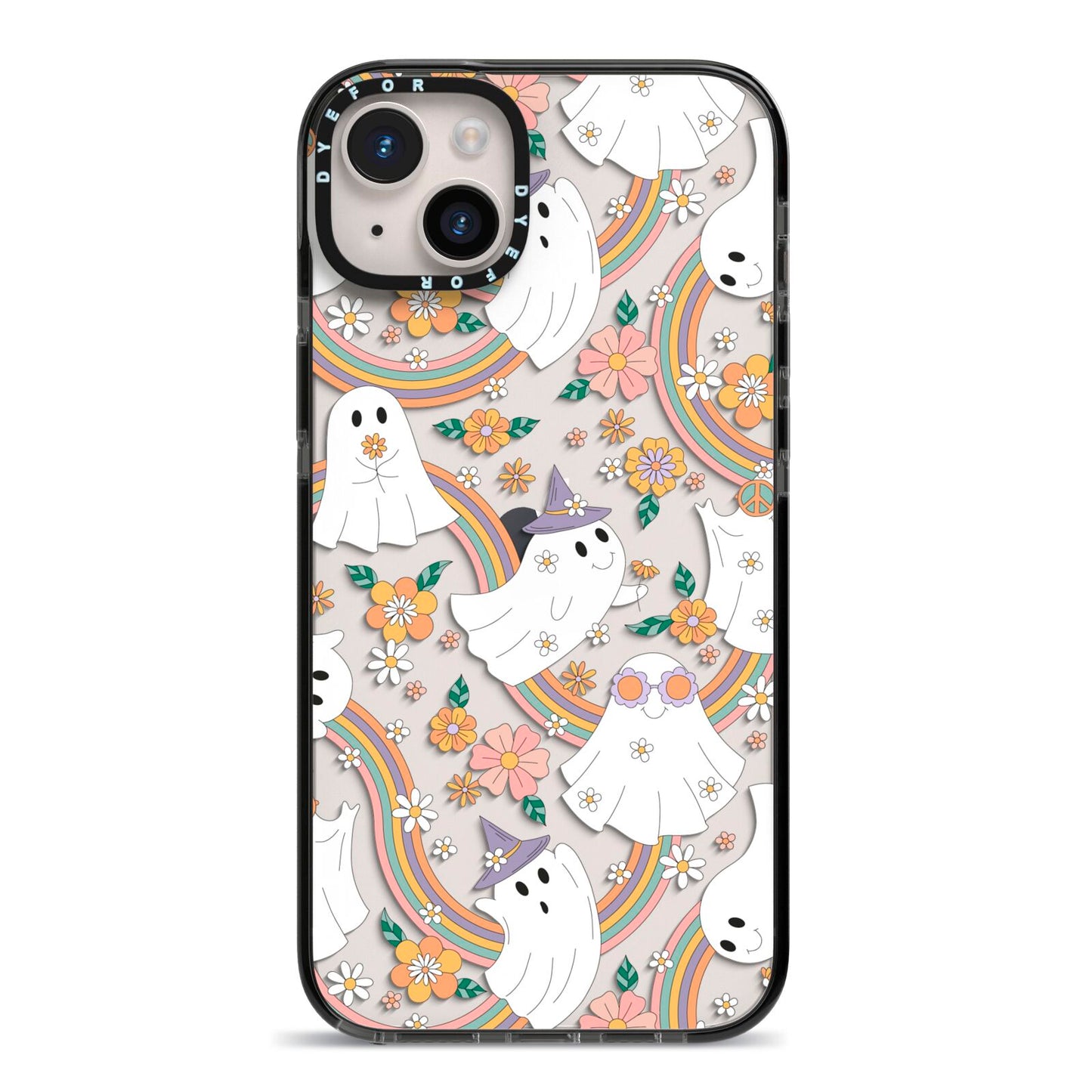 Rainbow Ghost iPhone 14 Plus Black Impact Case on Silver phone
