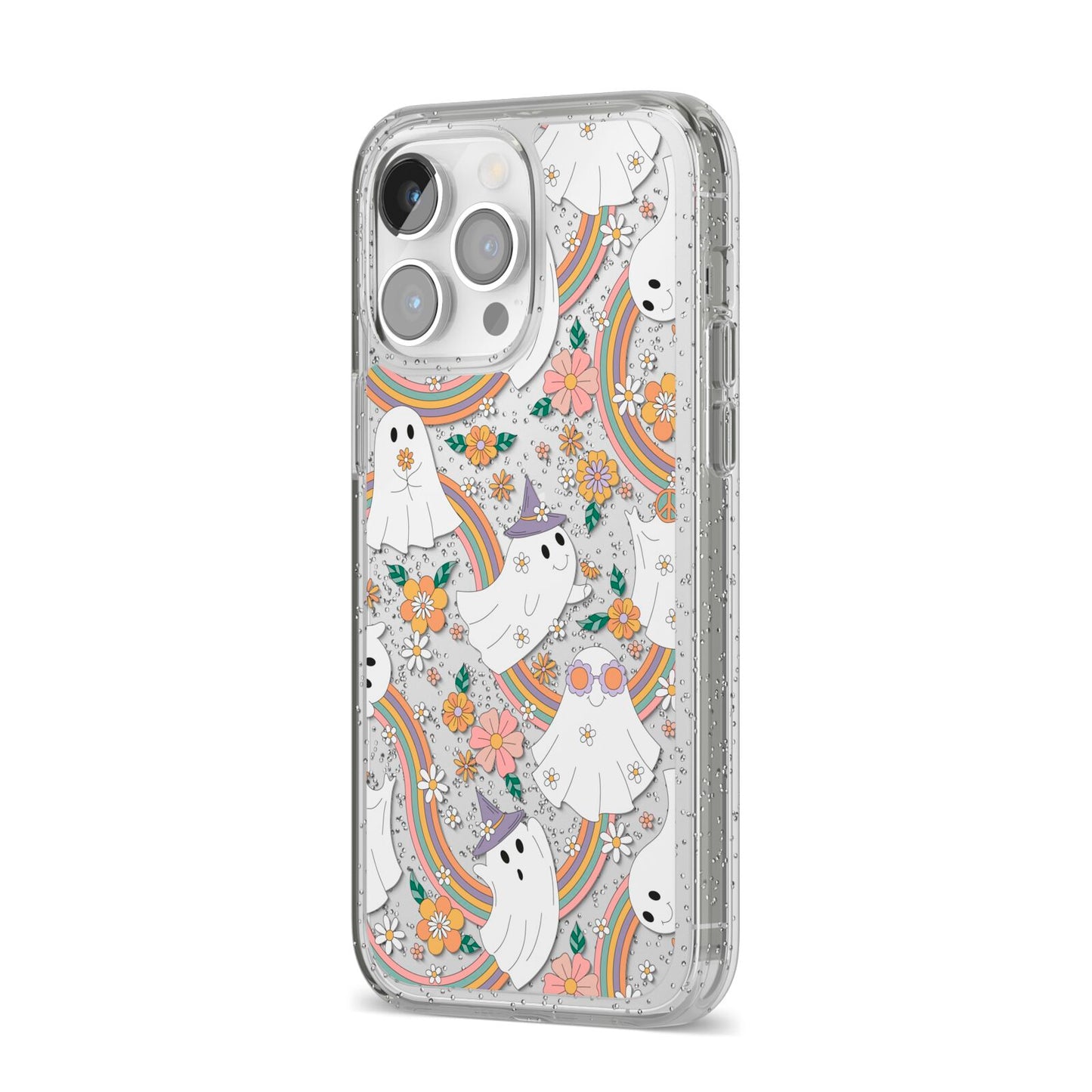 Rainbow Ghost iPhone 14 Pro Max Glitter Tough Case Silver Angled Image