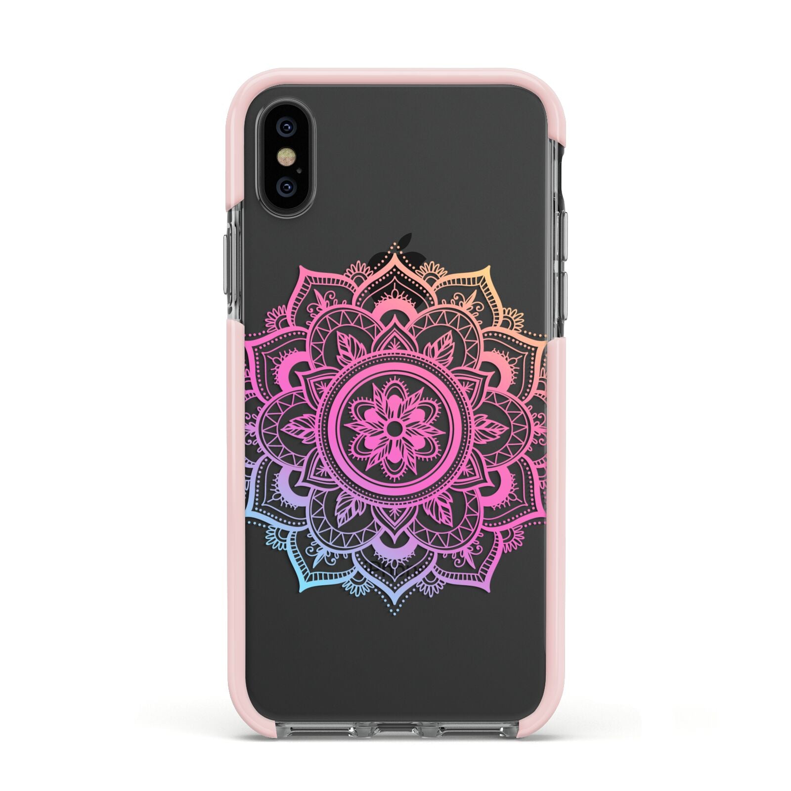 Rainbow Mandala Apple iPhone Xs Impact Case Pink Edge on Black Phone