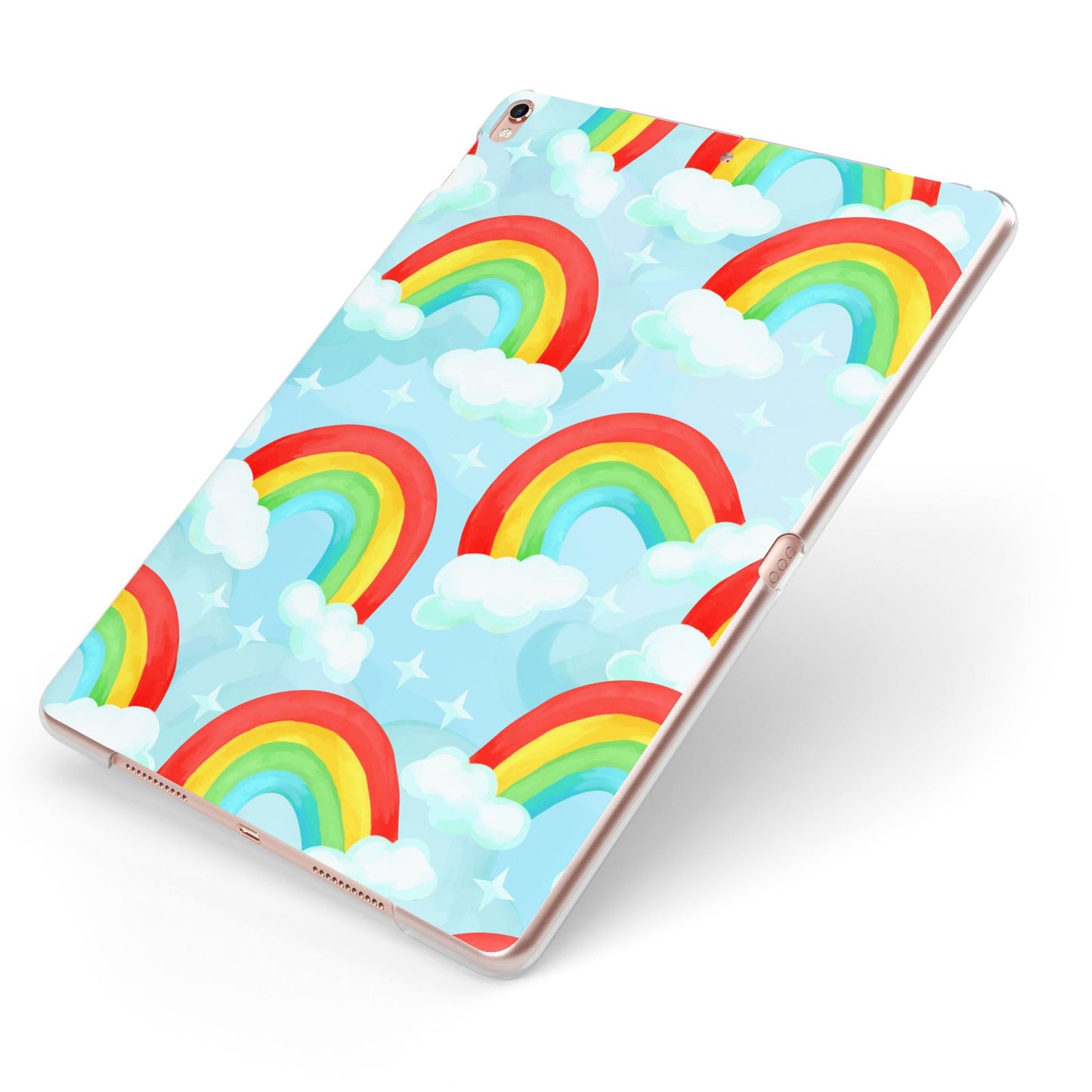 Rainbow Sky Apple iPad Case on Rose Gold iPad Side View