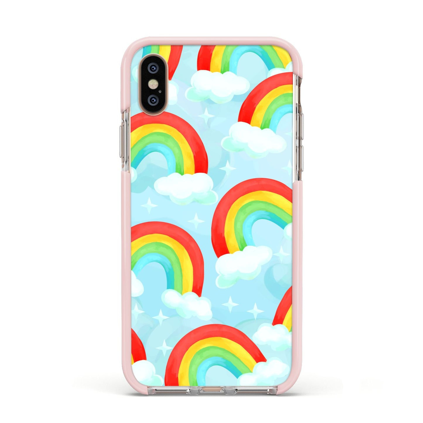 Rainbow Sky Apple iPhone Xs Impact Case Pink Edge on Gold Phone