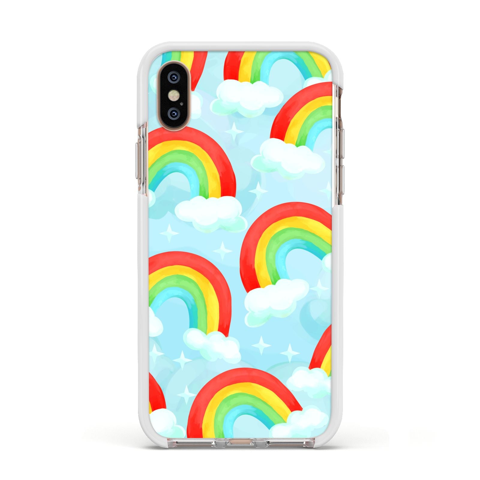 Rainbow Sky Apple iPhone Xs Impact Case White Edge on Gold Phone