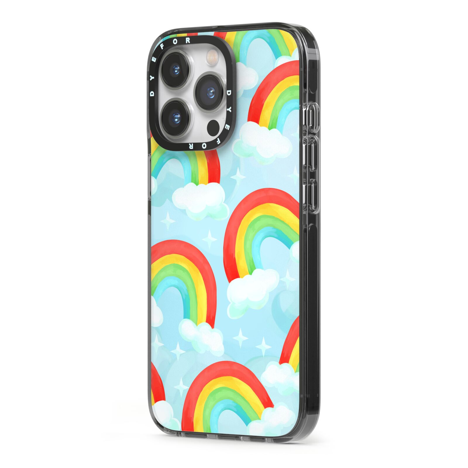 Rainbow Sky iPhone 13 Pro Black Impact Case Side Angle on Silver phone