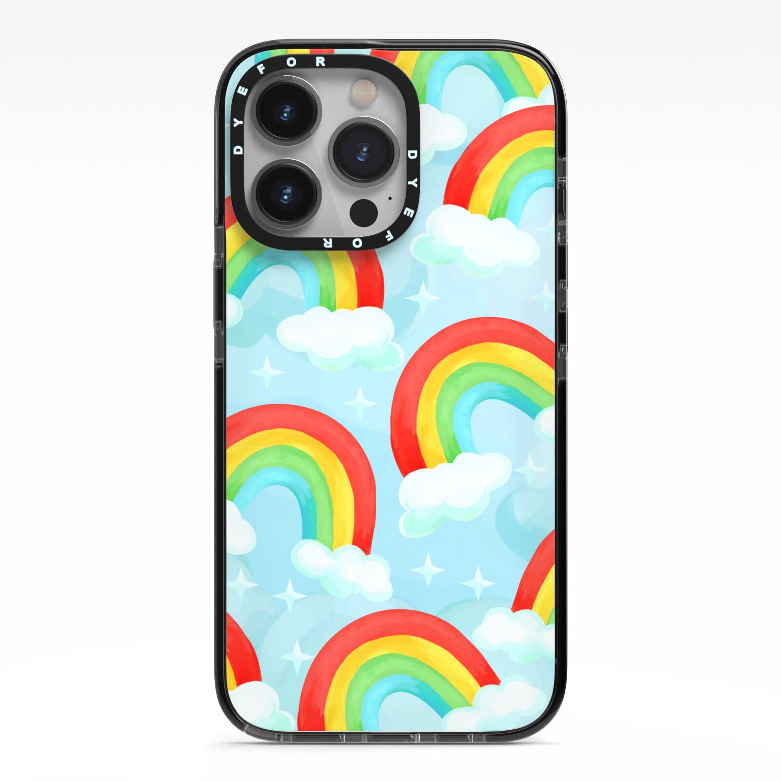 Rainbow Sky iPhone 13 Pro Black Impact Case on Silver phone