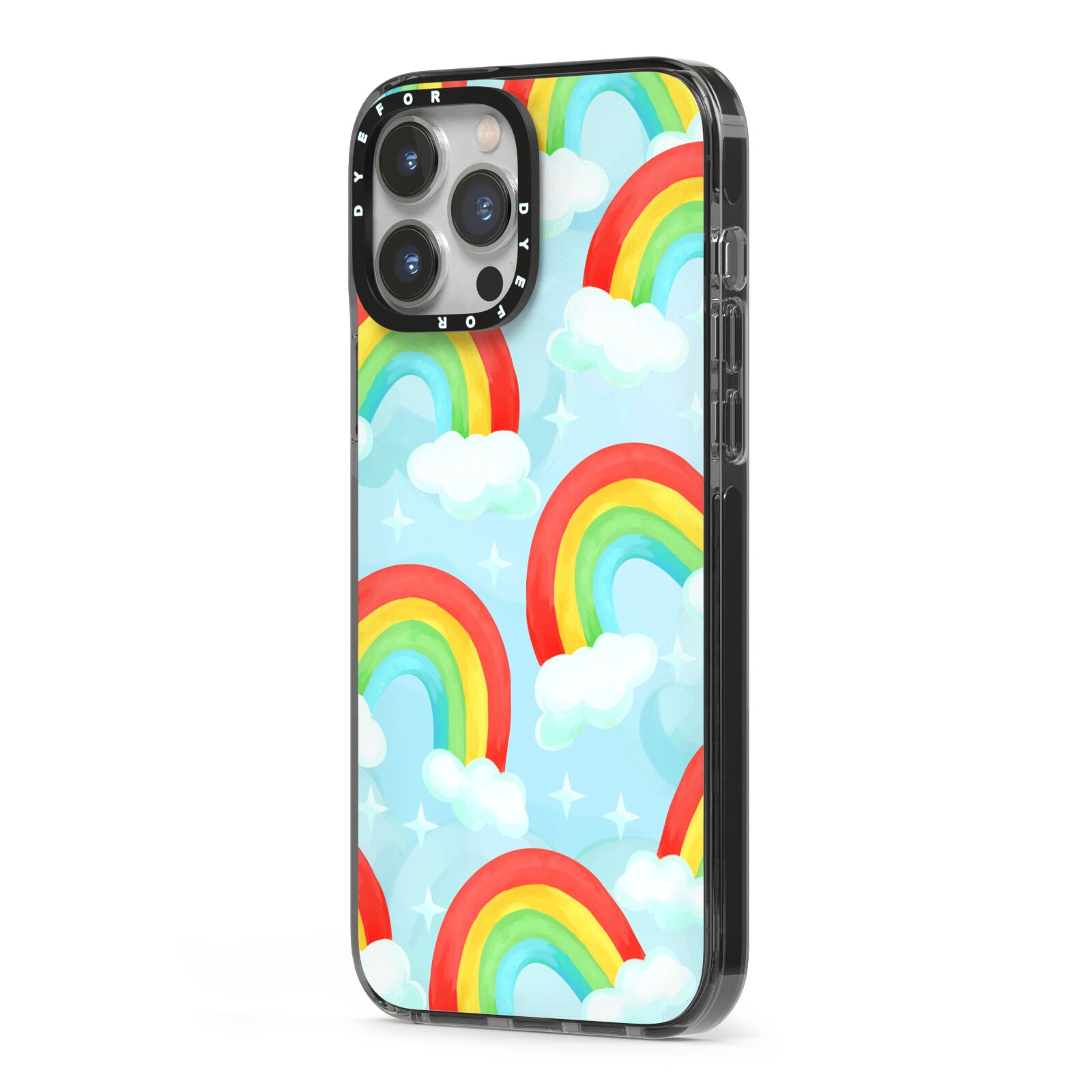 Rainbow Sky iPhone 13 Pro Max Black Impact Case Side Angle on Silver phone