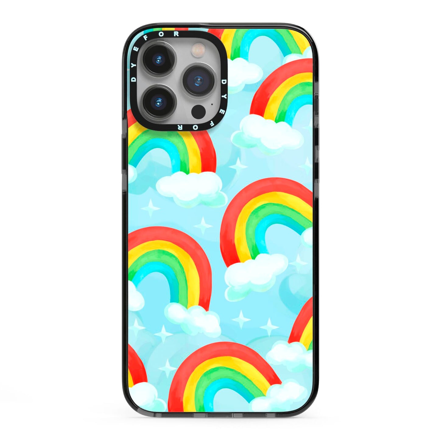 Rainbow Sky iPhone 13 Pro Max Black Impact Case on Silver phone