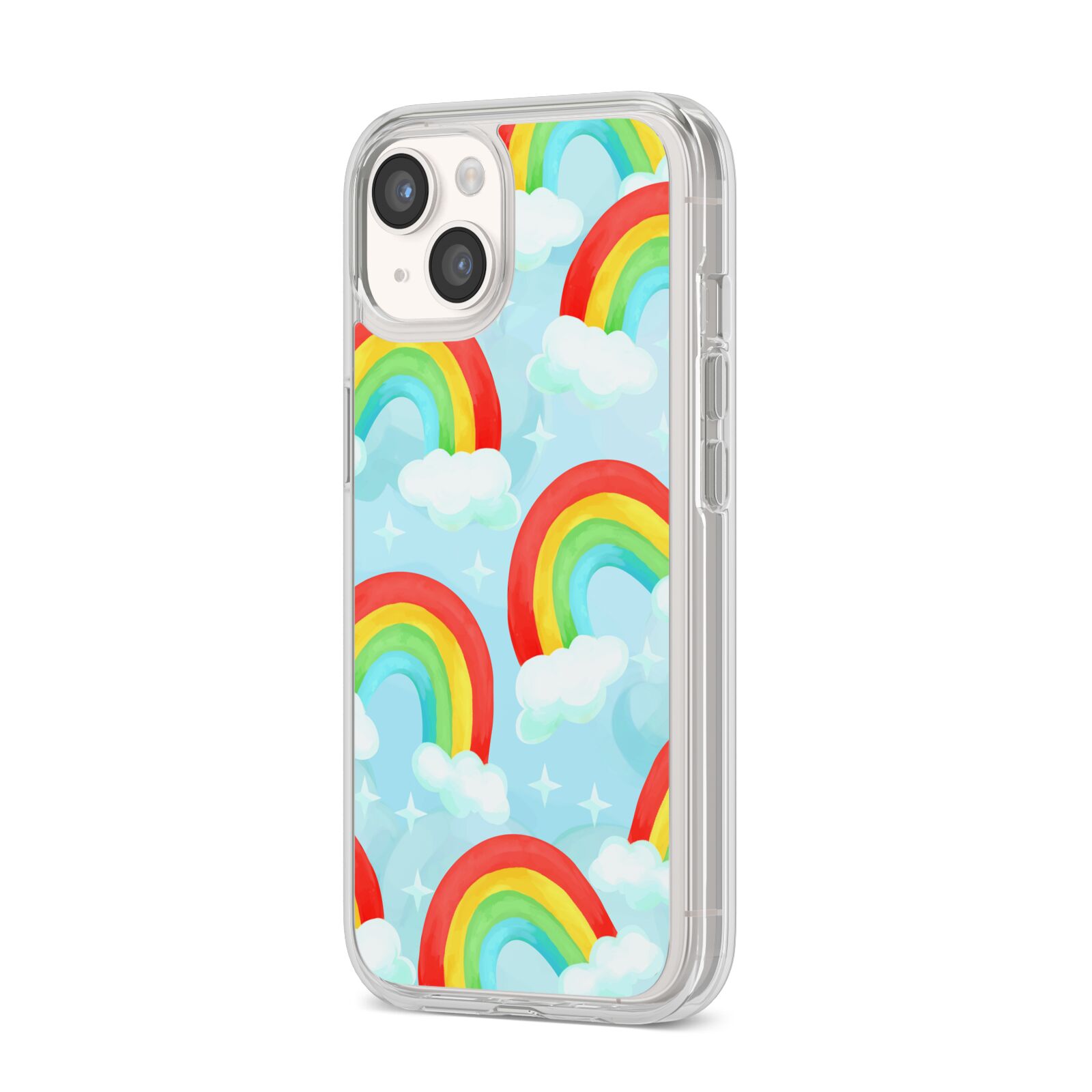Rainbow Sky iPhone 14 Clear Tough Case Starlight Angled Image