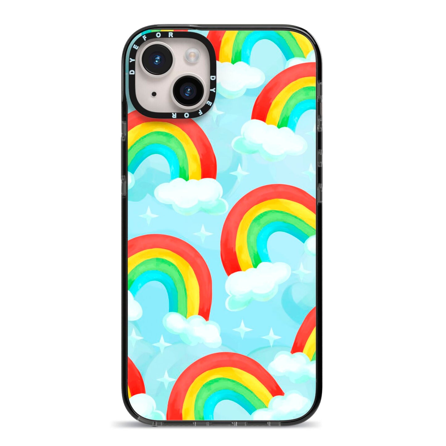Rainbow Sky iPhone 14 Plus Black Impact Case on Silver phone