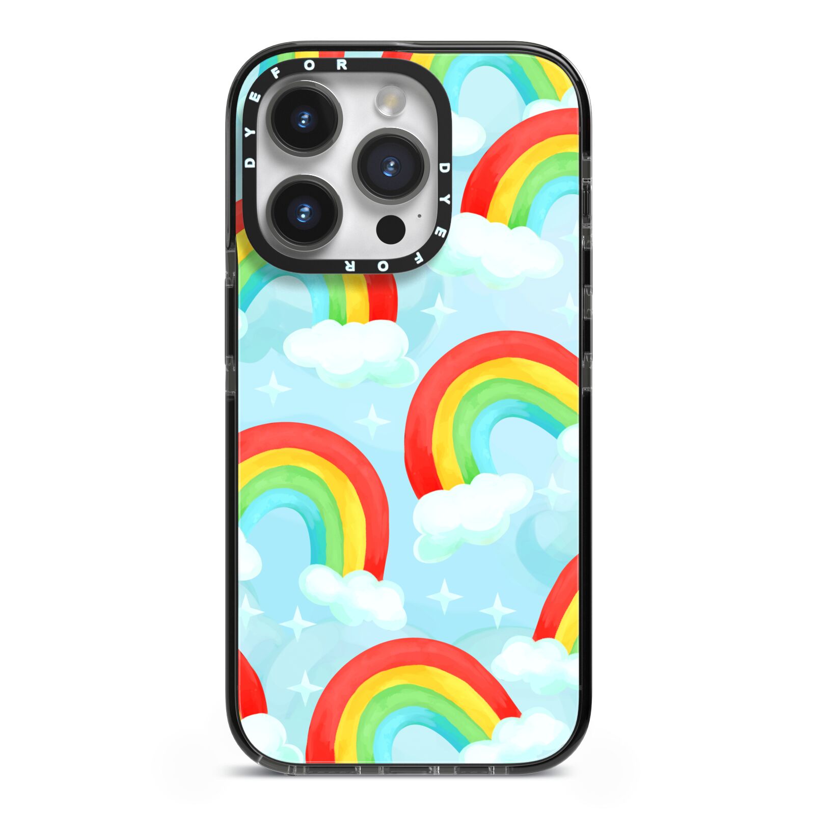 Rainbow Sky iPhone 14 Pro Black Impact Case on Silver phone