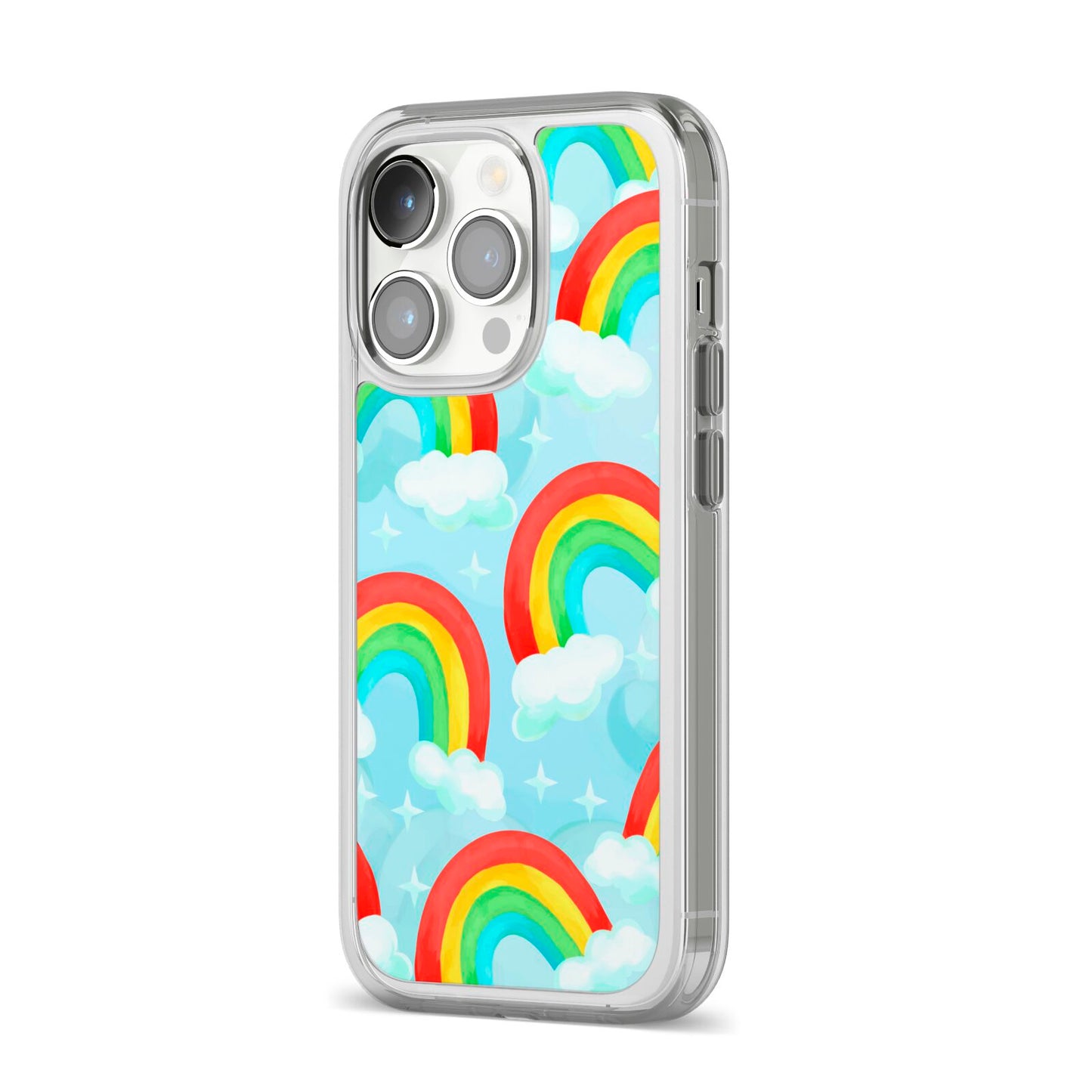 Rainbow Sky iPhone 14 Pro Clear Tough Case Silver Angled Image