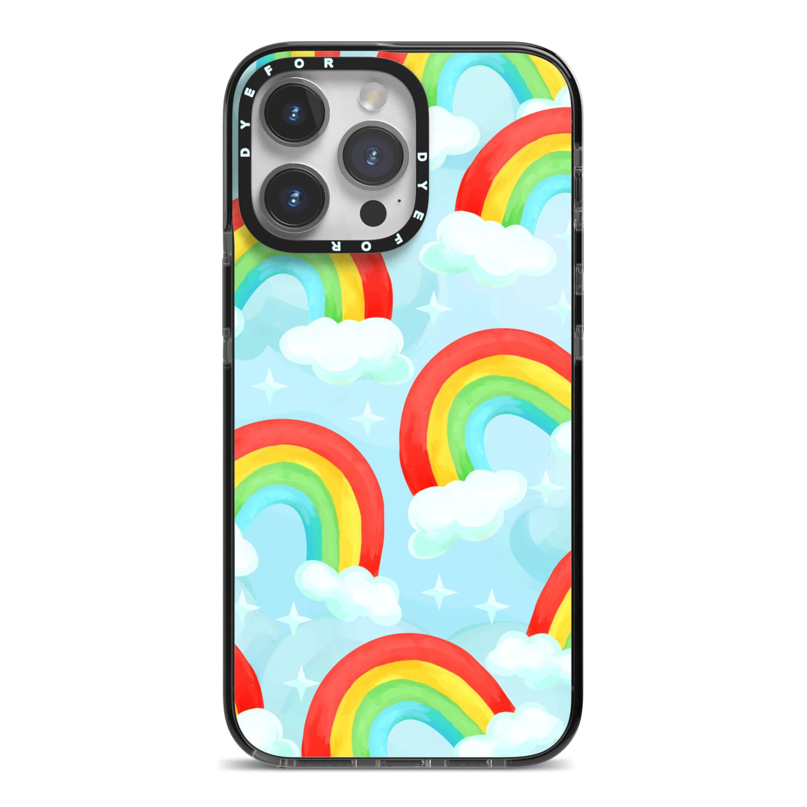 Rainbow Sky iPhone 14 Pro Max Black Impact Case on Silver phone