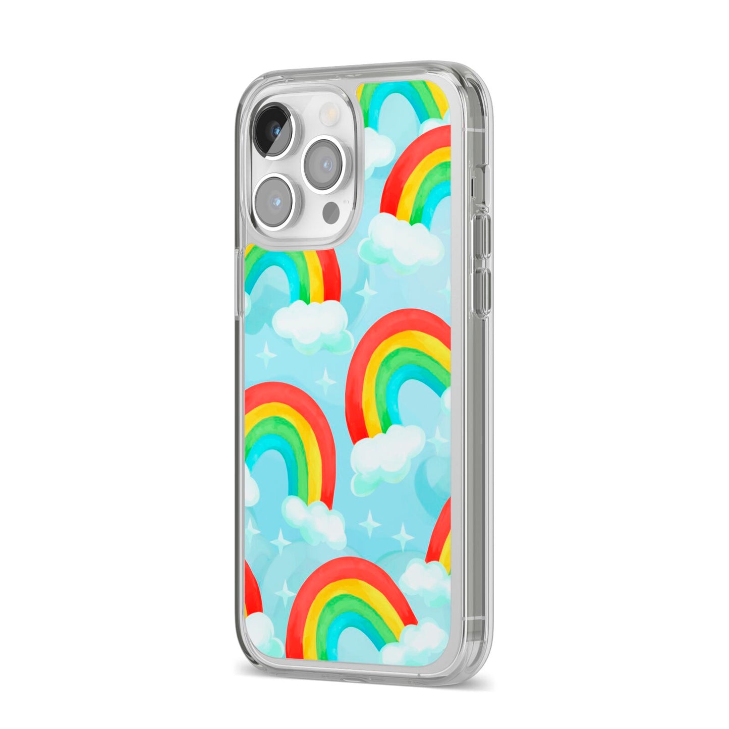 Rainbow Sky iPhone 14 Pro Max Clear Tough Case Silver Angled Image