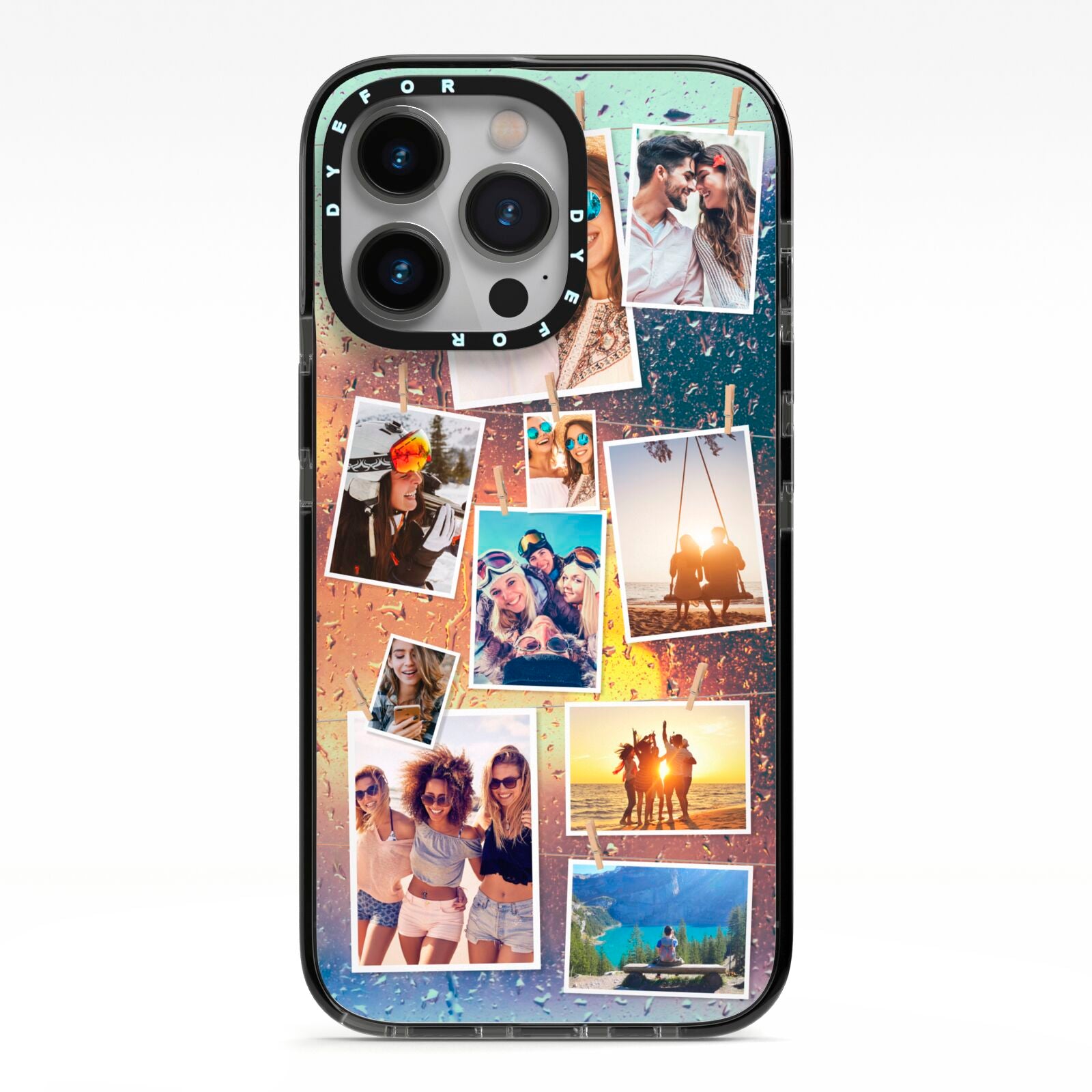 Rainy Evening Scene Photo Montage iPhone 13 Pro Black Impact Case on Silver phone
