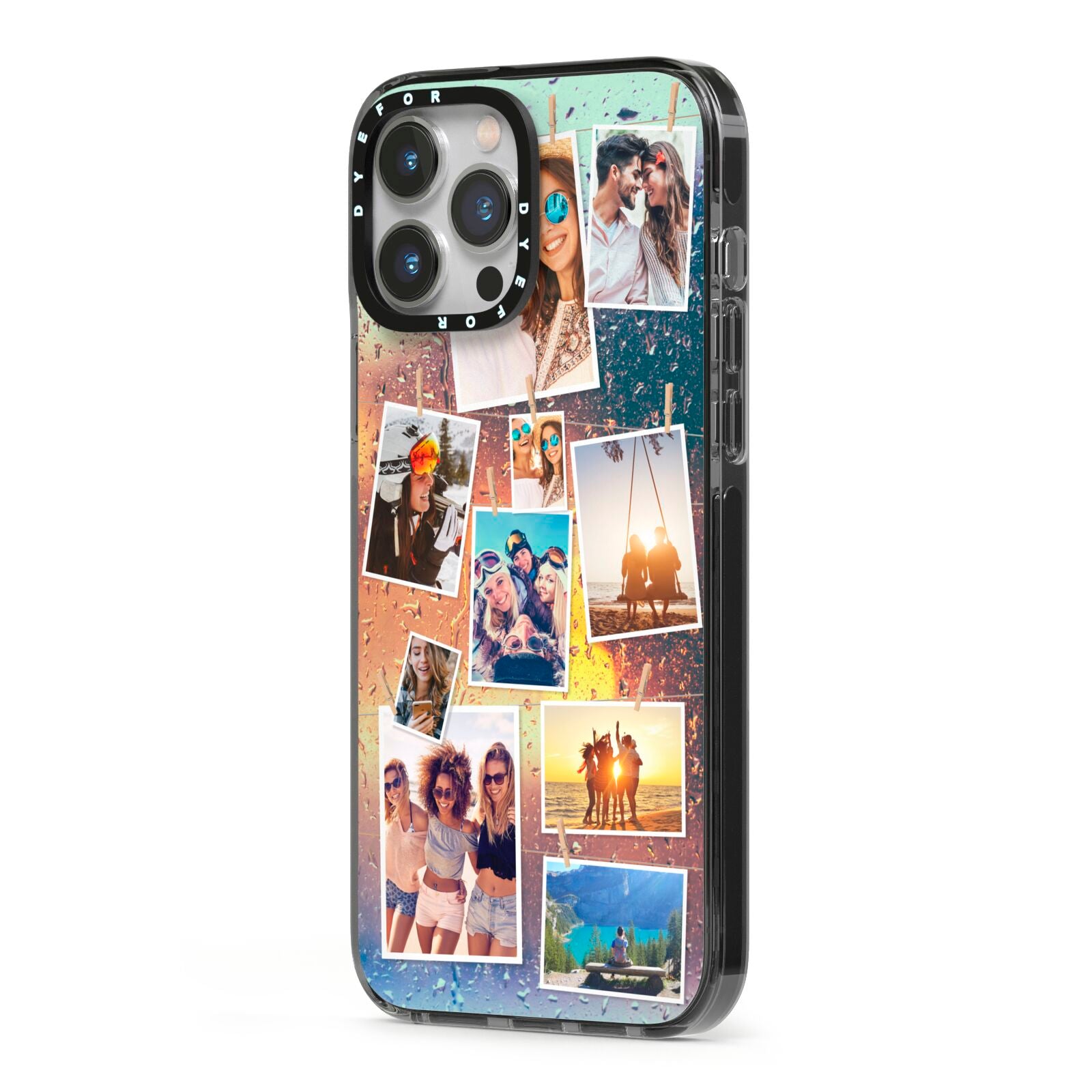 Rainy Evening Scene Photo Montage iPhone 13 Pro Max Black Impact Case Side Angle on Silver phone